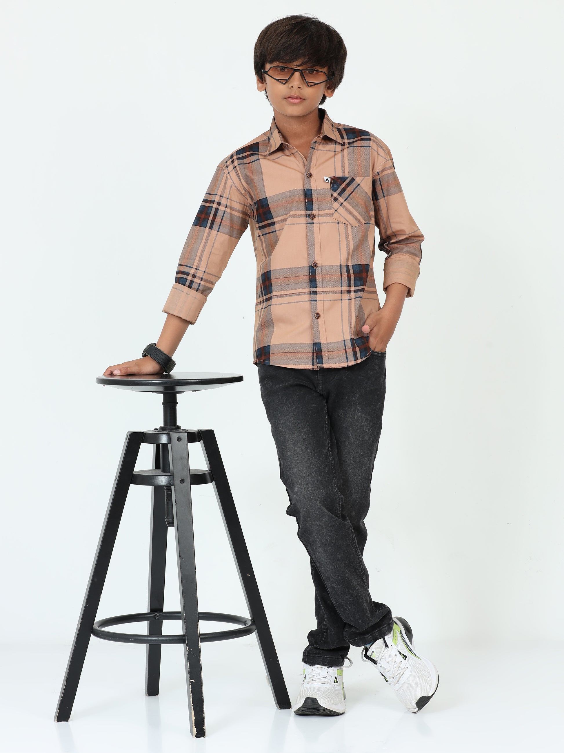 Orange Broadchecks Cotton Blend Kids Boys Shirts