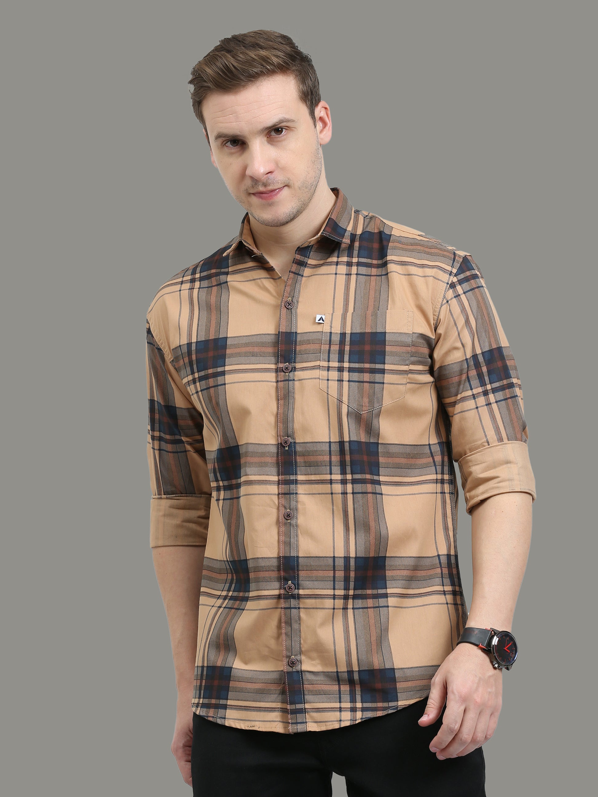 Broadchecks Cotton Orange Check Shirt Men