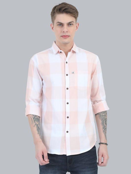 Tomlight Cotton Blend Orange Check Shirt for Men