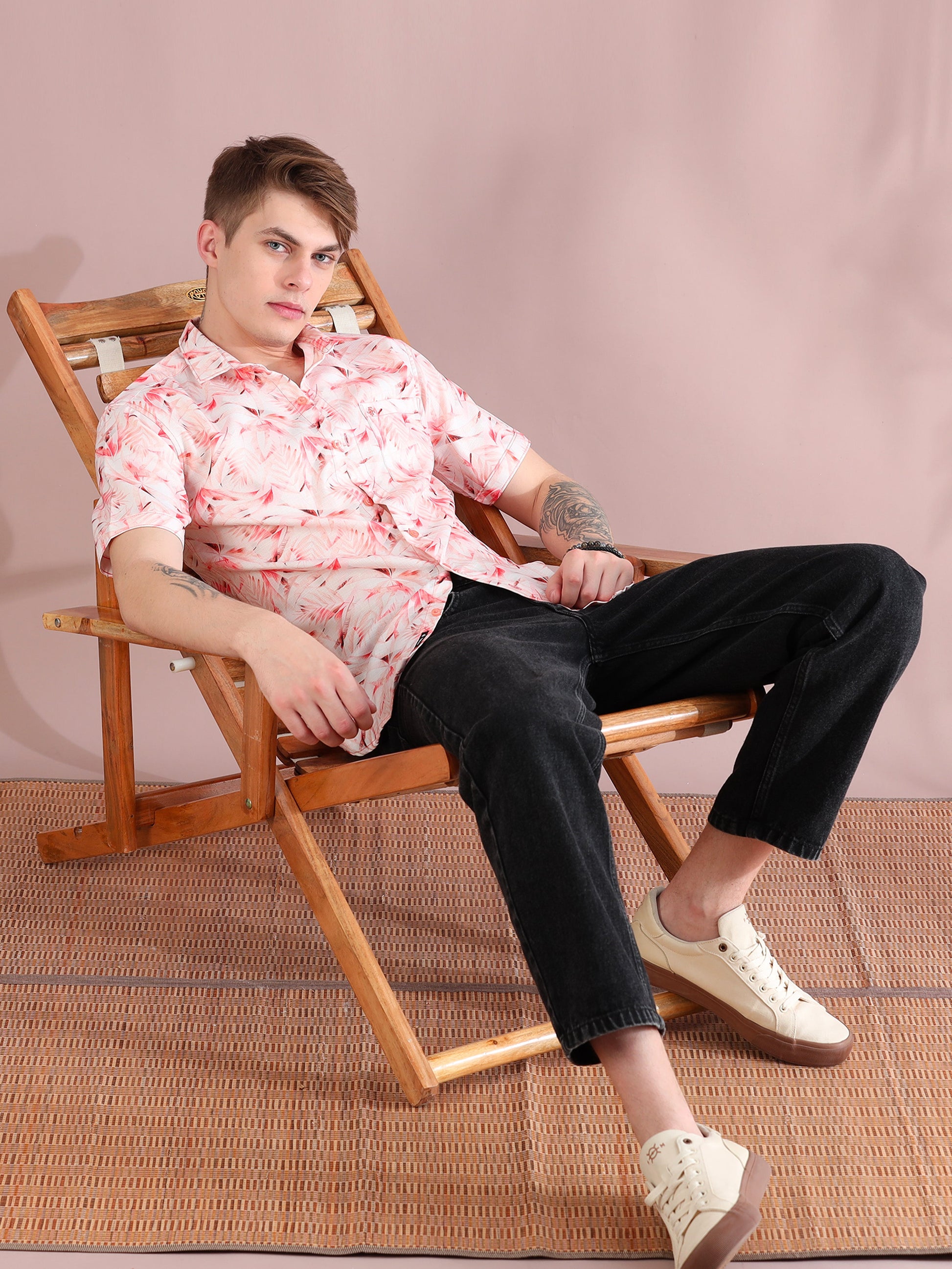Pink Palm Printed Linen Shirt for Men