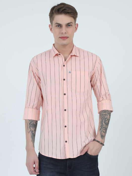 Man wearing a pink striped shirt with a white background