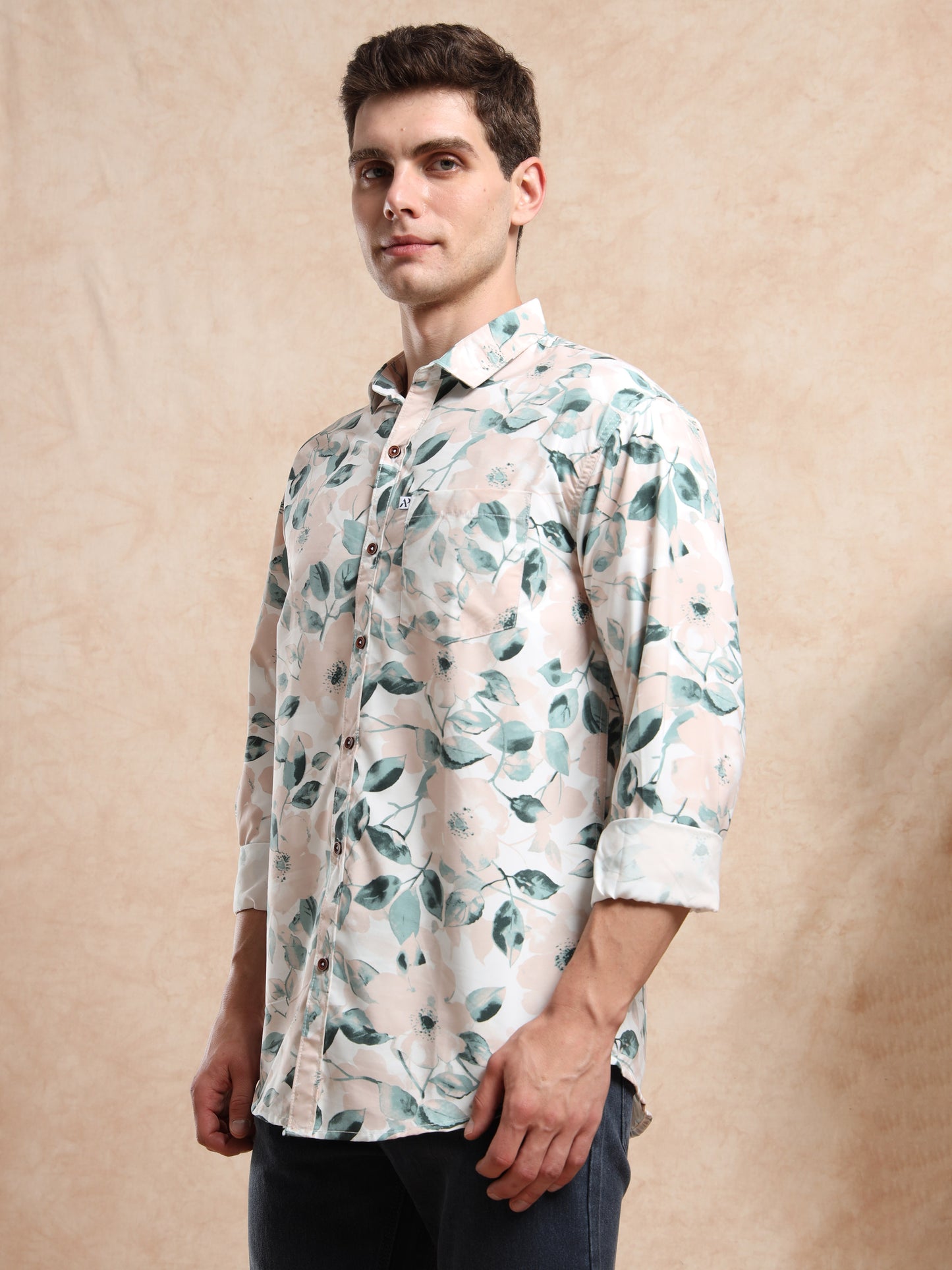 Beige Floral Print Shirt for Men