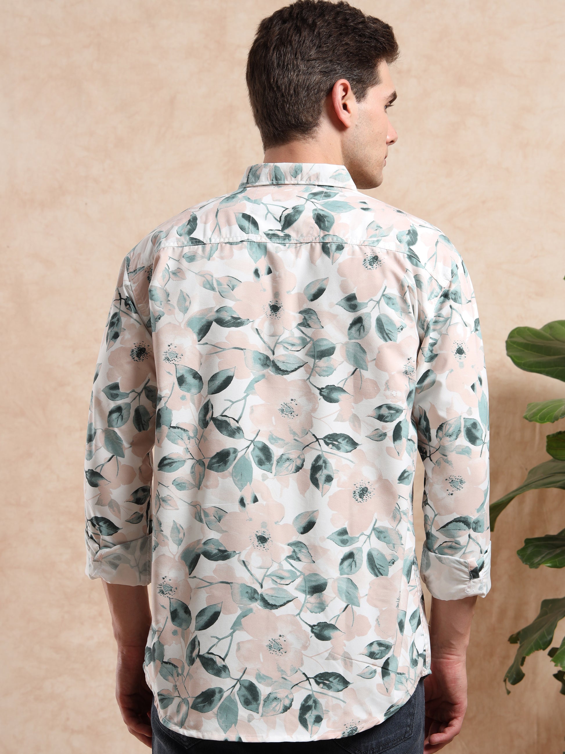 Men, Beige Floral Print Shirt