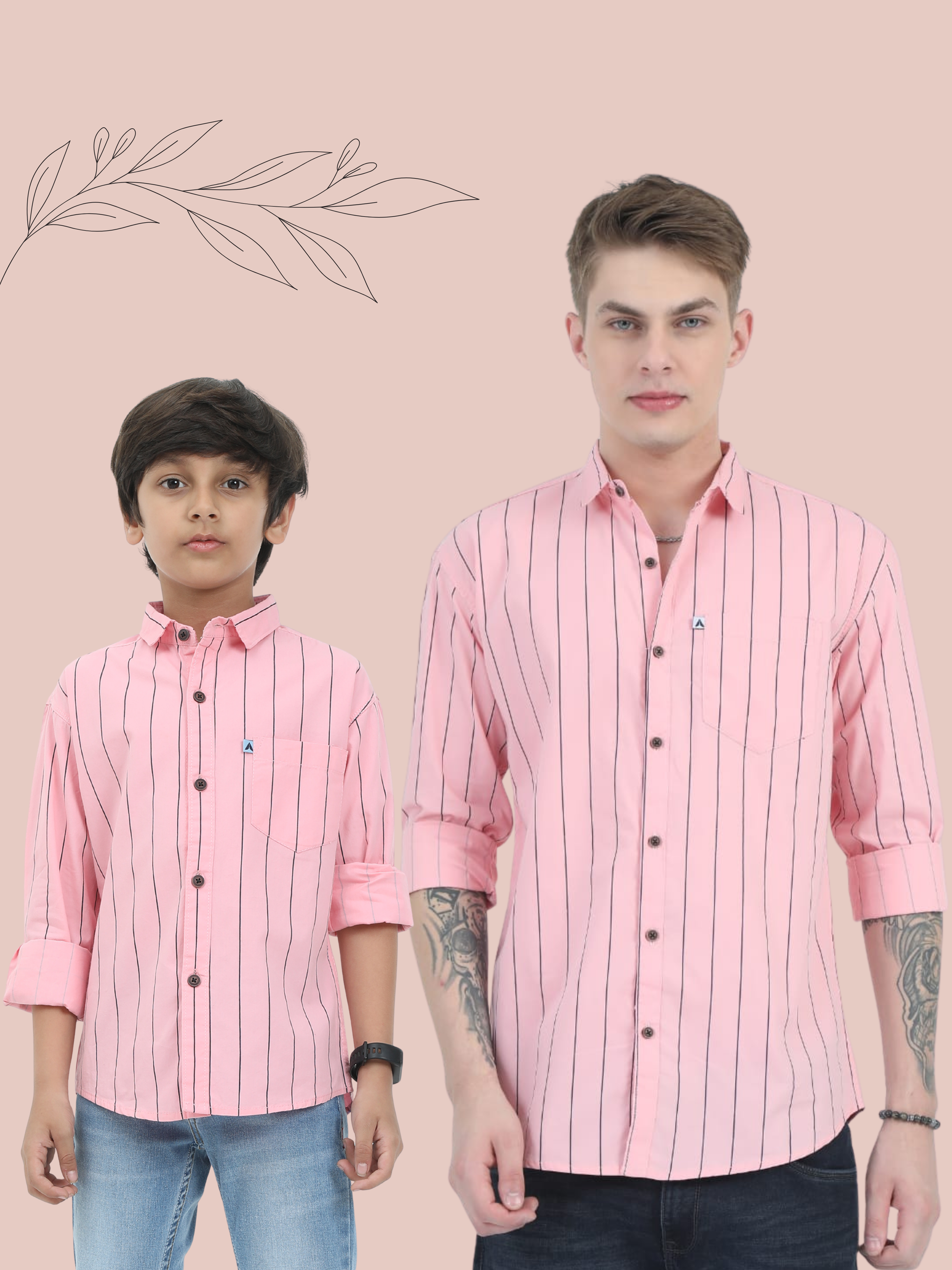 Two individuals wearing matching pink striped shirts on a beige background