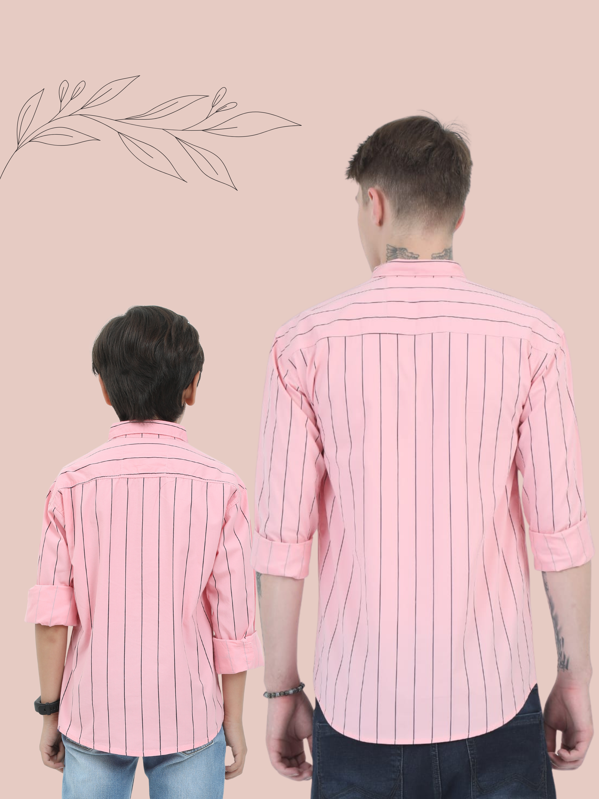 Two people wearing pink striped shirts against a beige background