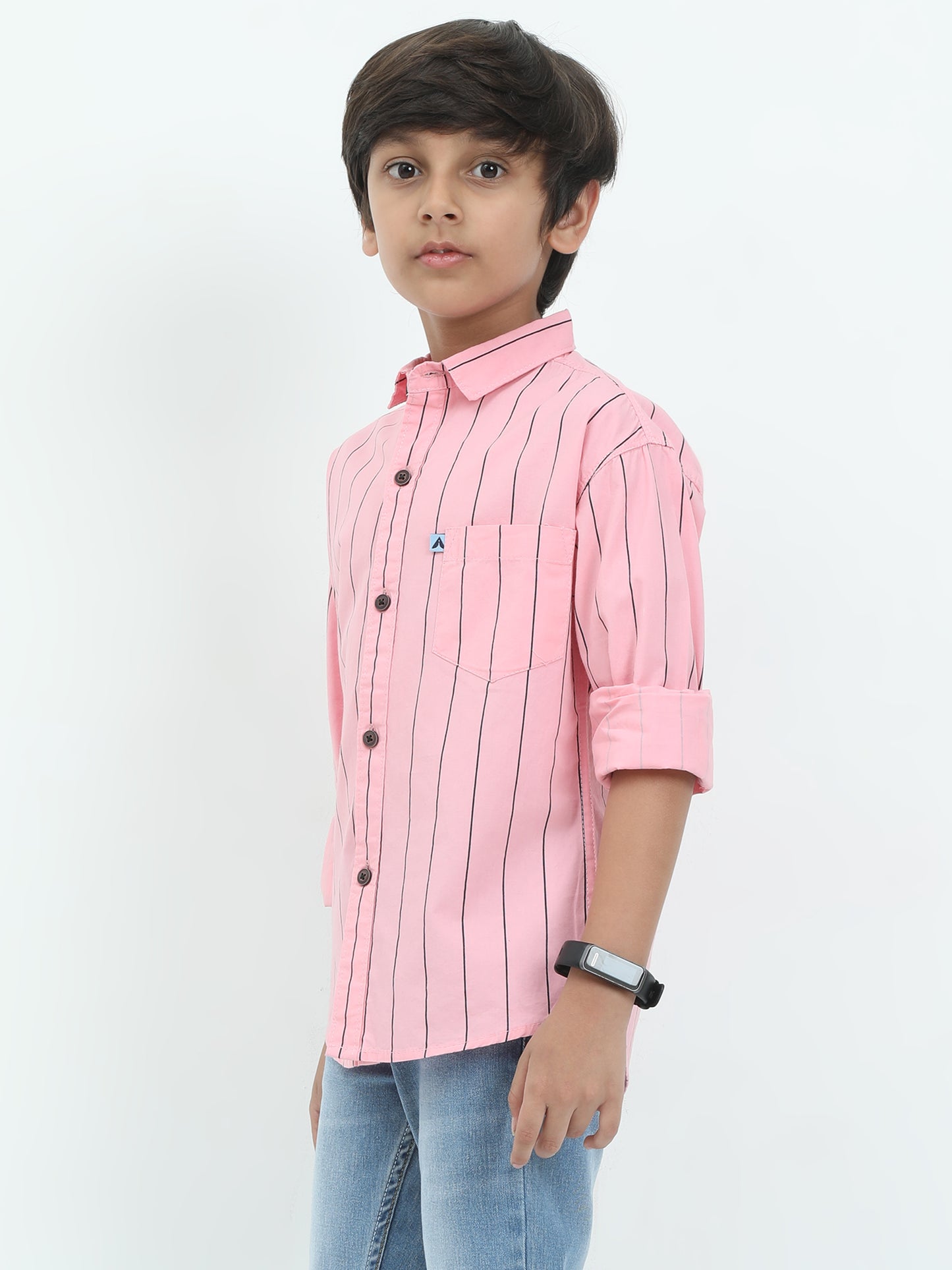 Child wearing a pink striped shirt on a white background