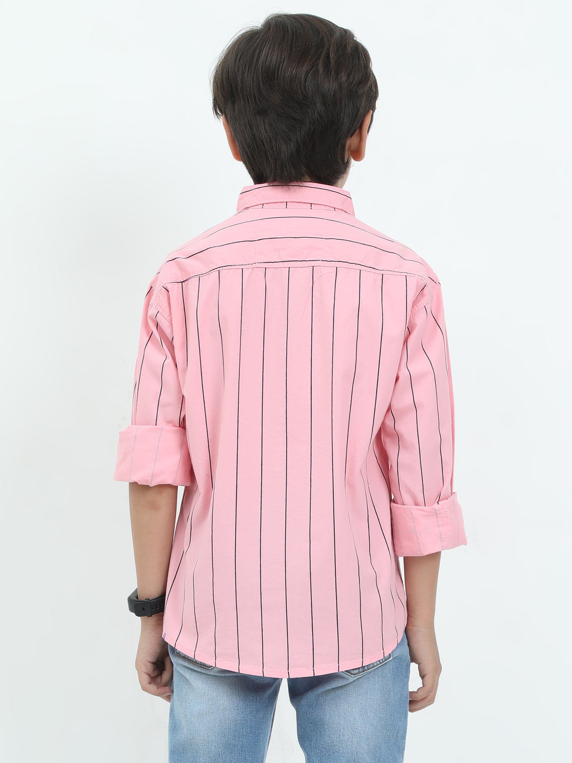 Person wearing a pink striped shirt on a white background