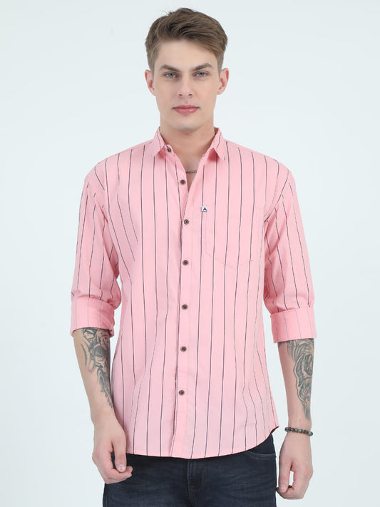 Man wearing a pink striped shirt on a white background