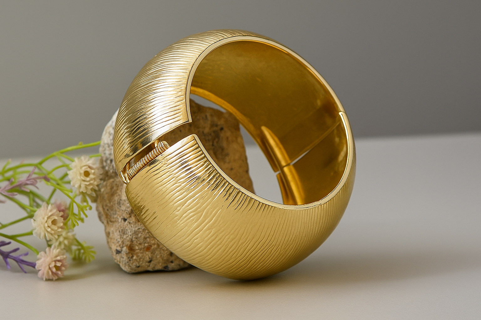 Gold bracelet on a neutral background with flowers and rocks