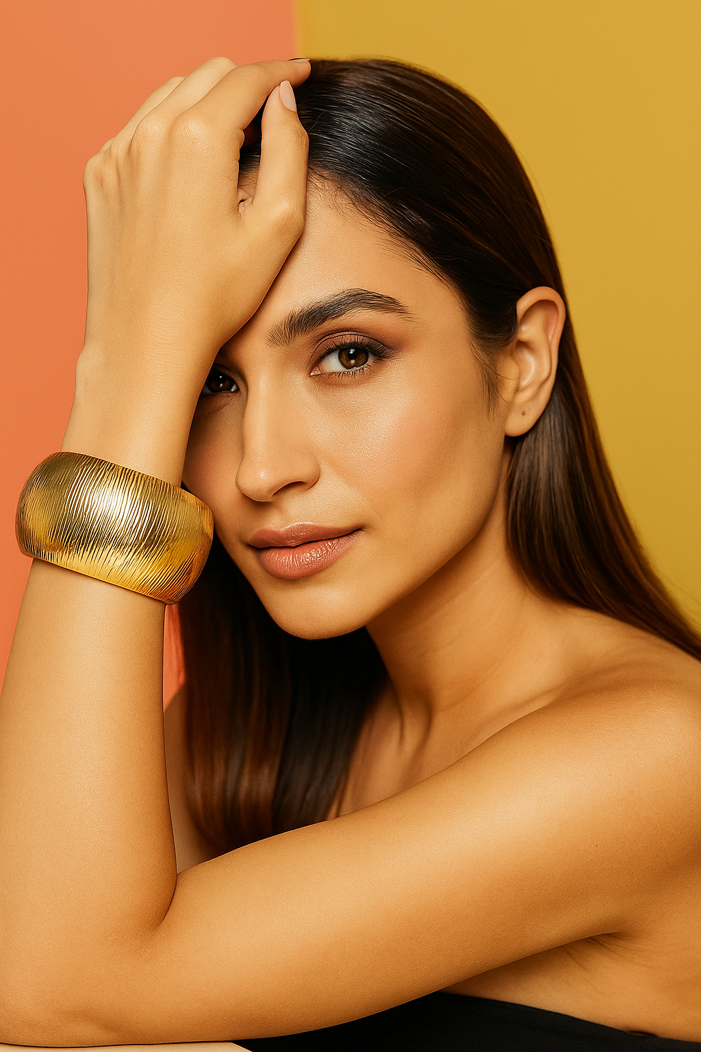 Woman with a gold bracelet on a two-tone background