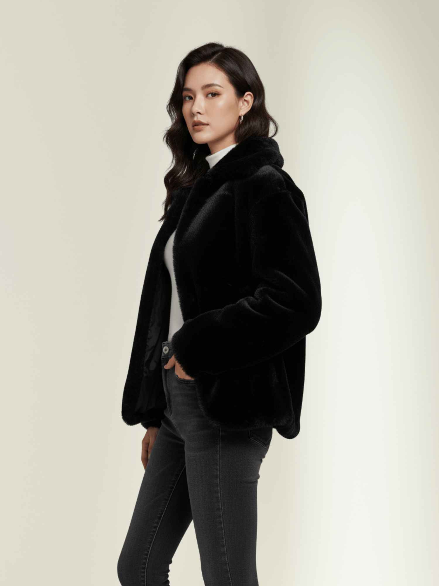 a black rabbit fur jacket