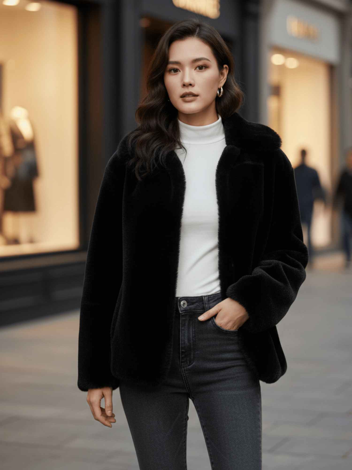 woman wearing a black faux fur jacket over a white turtleneck