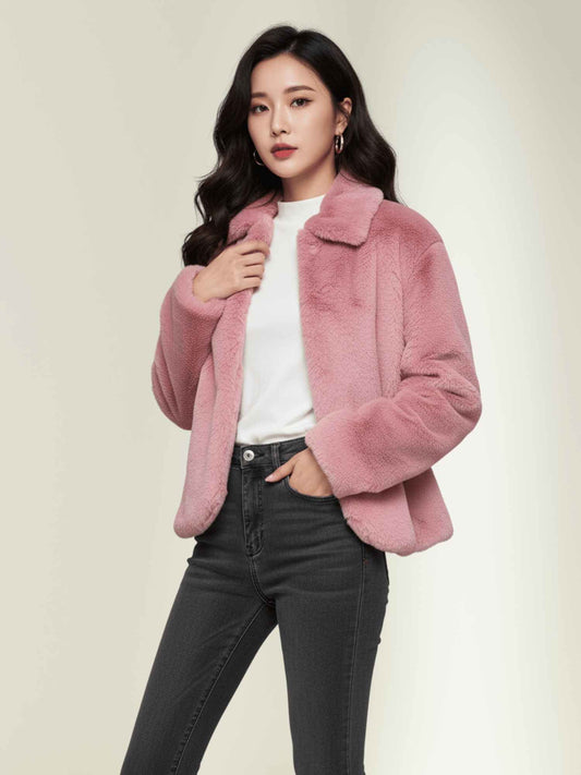 a pink RABBIT fur jacket with a white top and high-waist black jeans