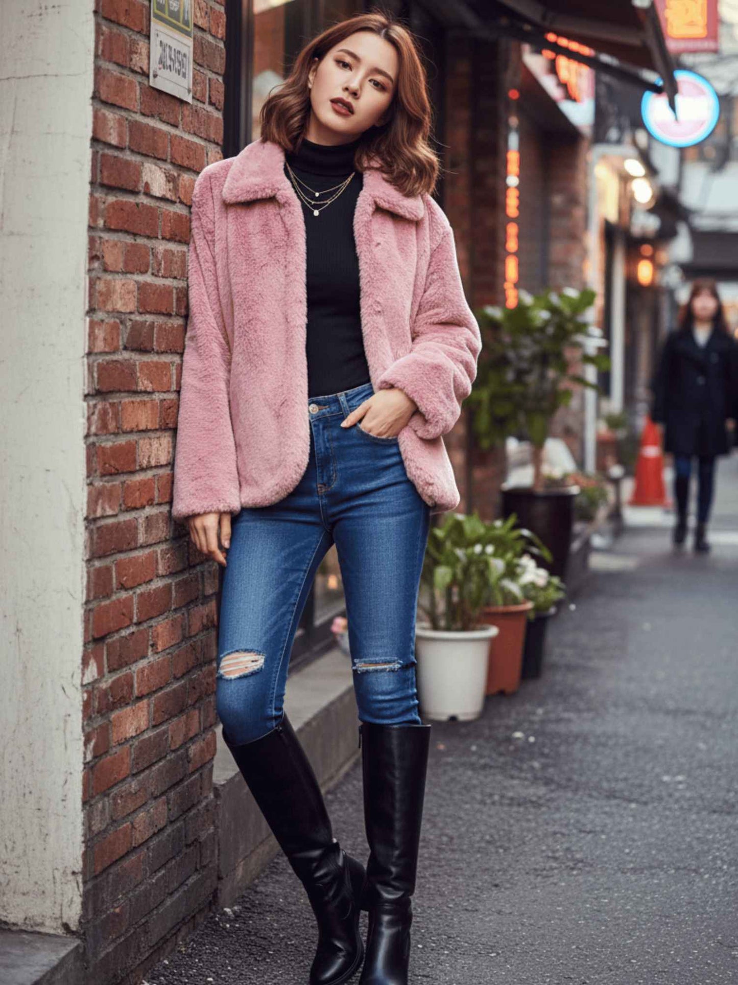 a pink RABBIT fur jacket with a white top and high-waist BLUE  jeans