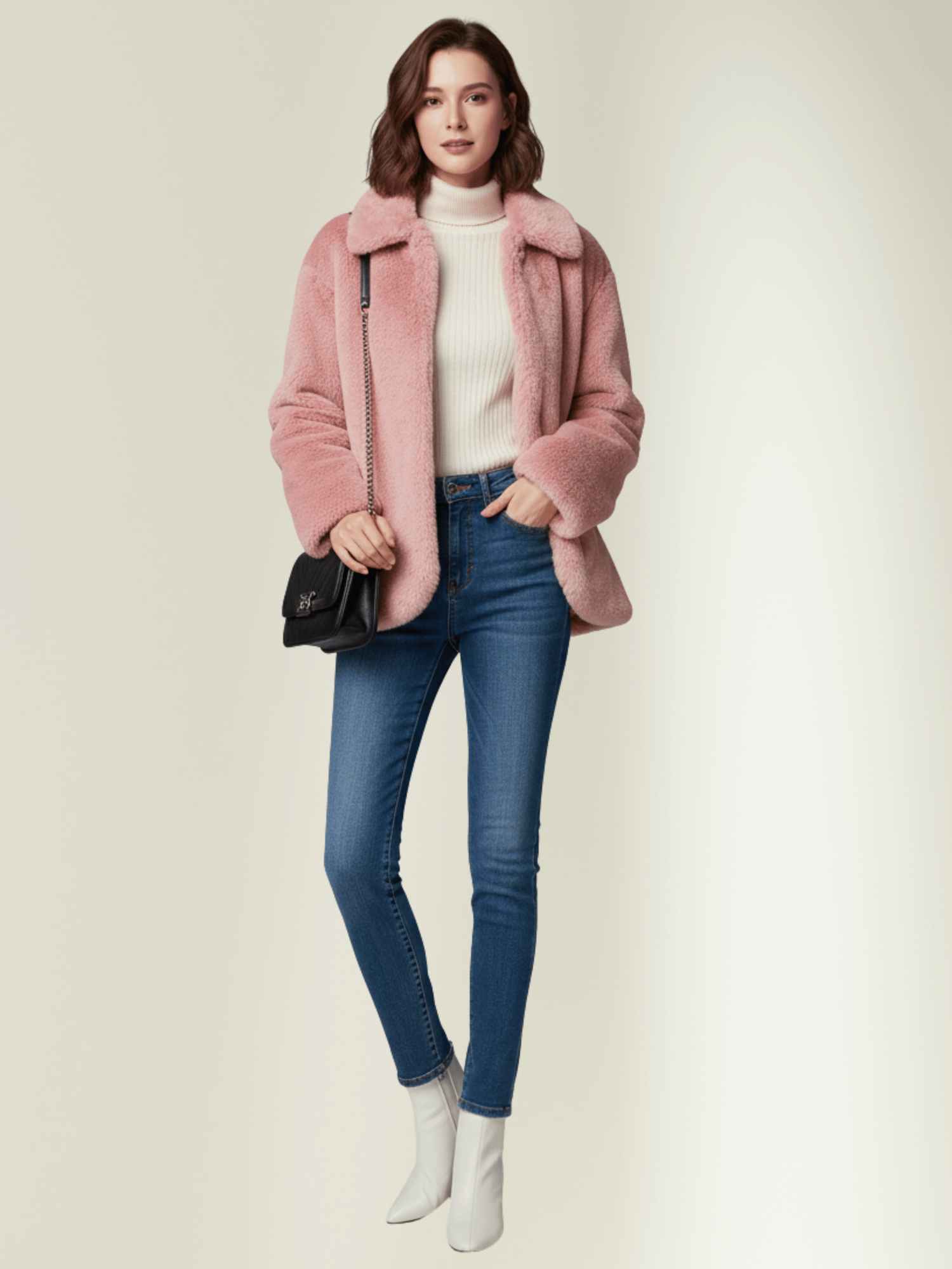 a pink RABBIT fur jacket with a white top and high-waist blUE jeans