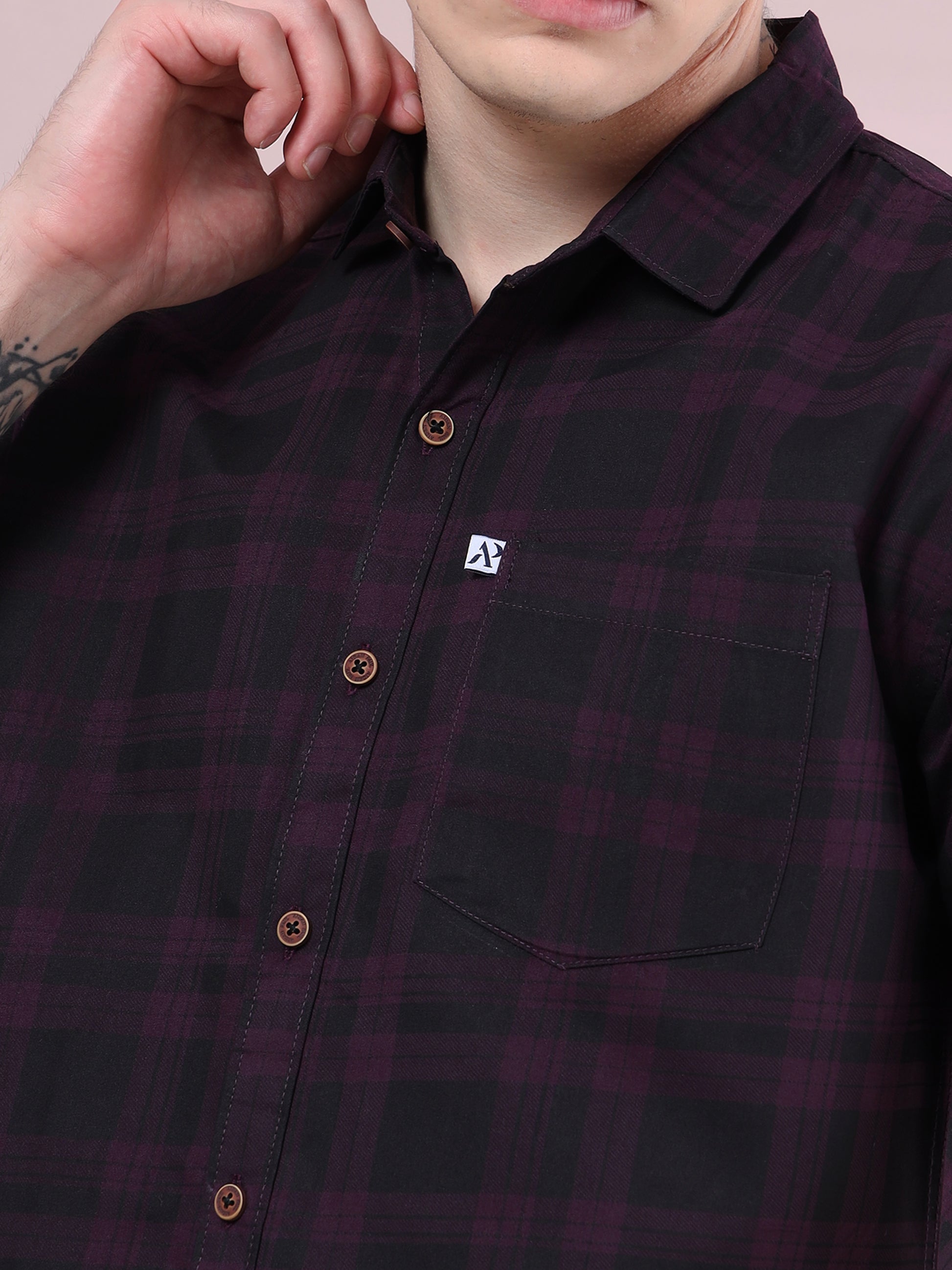 men, checked half sleeve shirt in purple and black, casual wear front pose