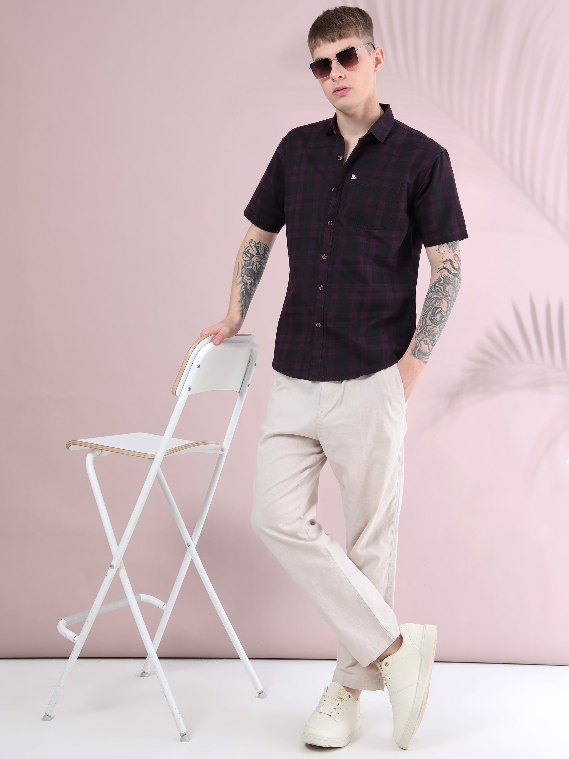 Men, purple & black checked short sleeve cotton shirt