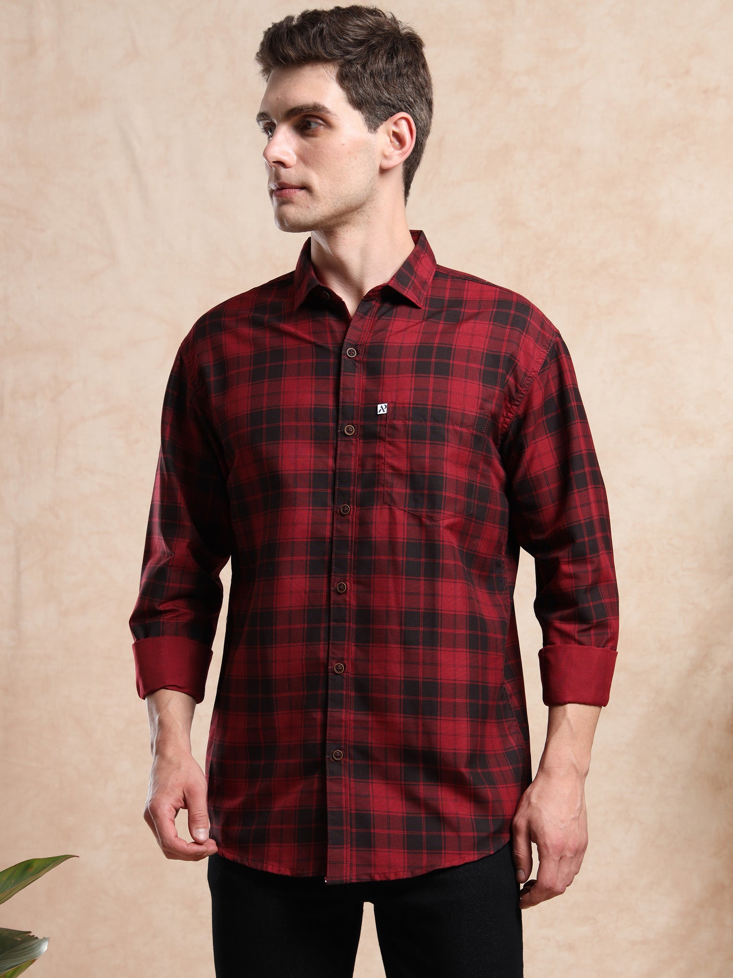 Classic red and black checked men shirt with front pocket, full sleeves, and button-down style
