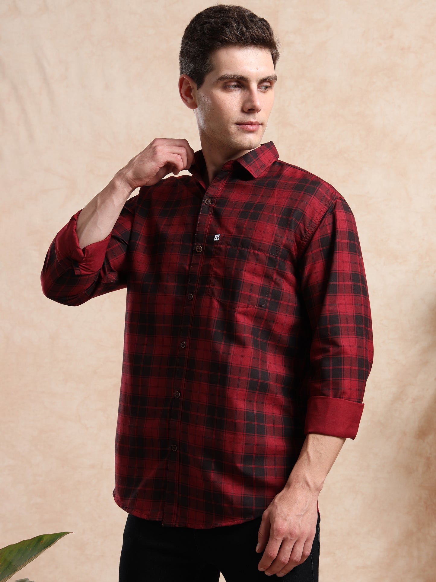 Stylish red and black check print shirt for men with turn-up cuffs and front button closure