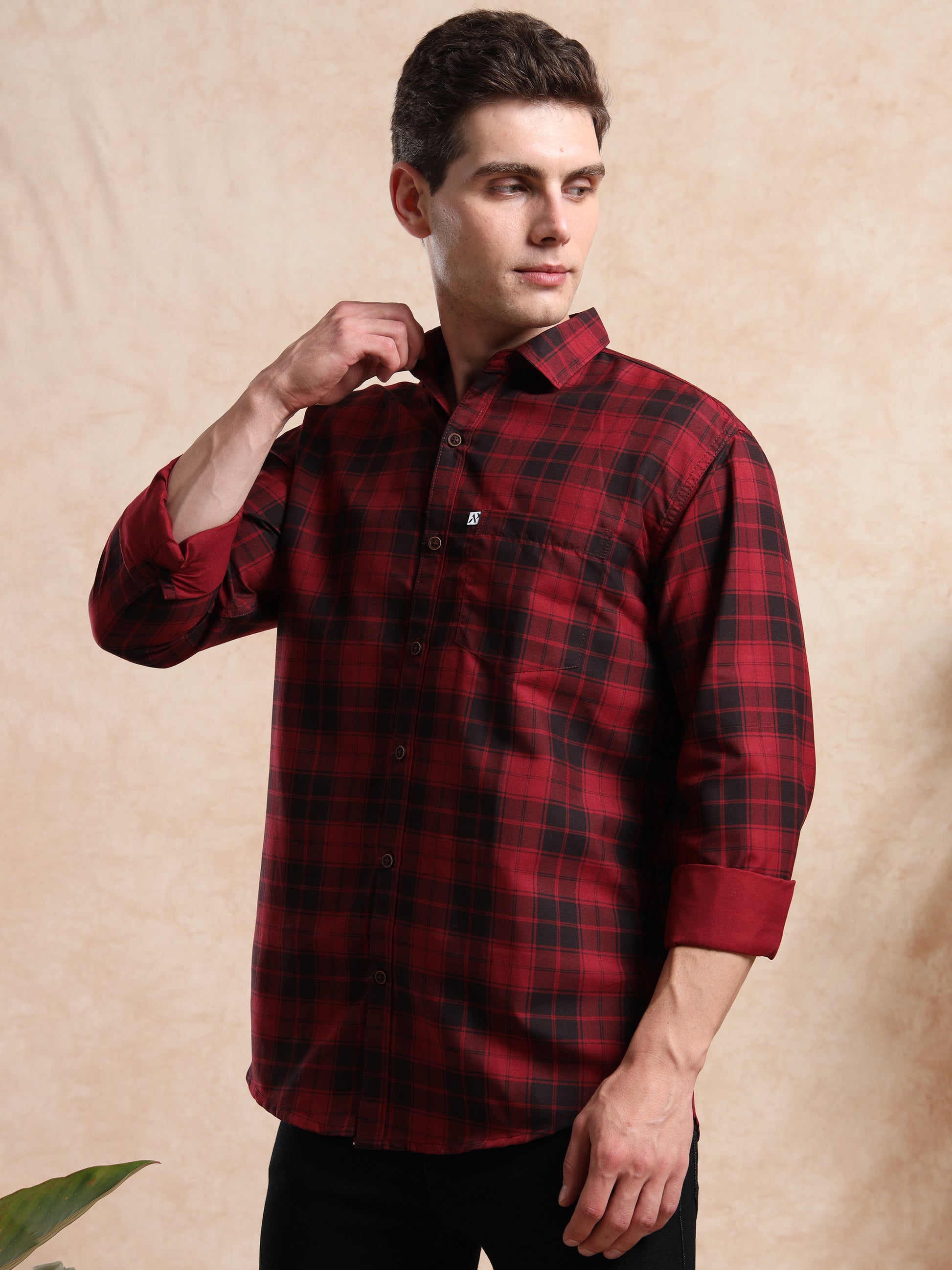 Stylish red and black check print shirt for men with turn-up cuffs and front button closure