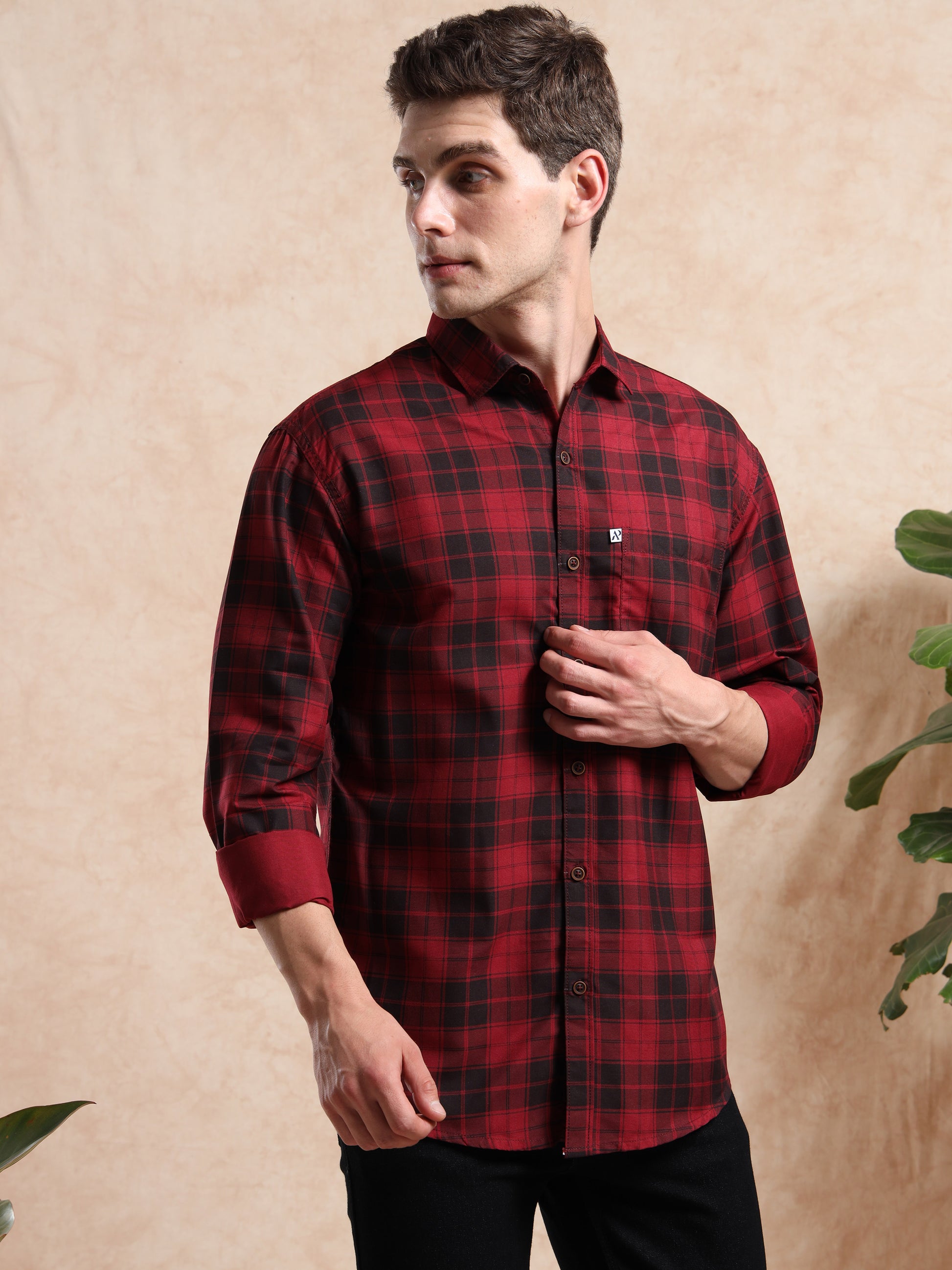 Trendy red and black checkered shirt for men with front pocket and full sleeves