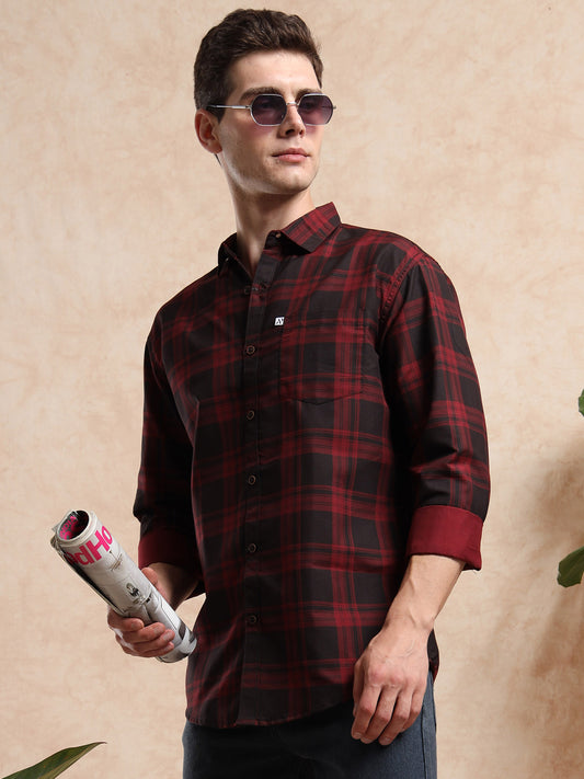 menâ€™s red and black checks cotton shirt