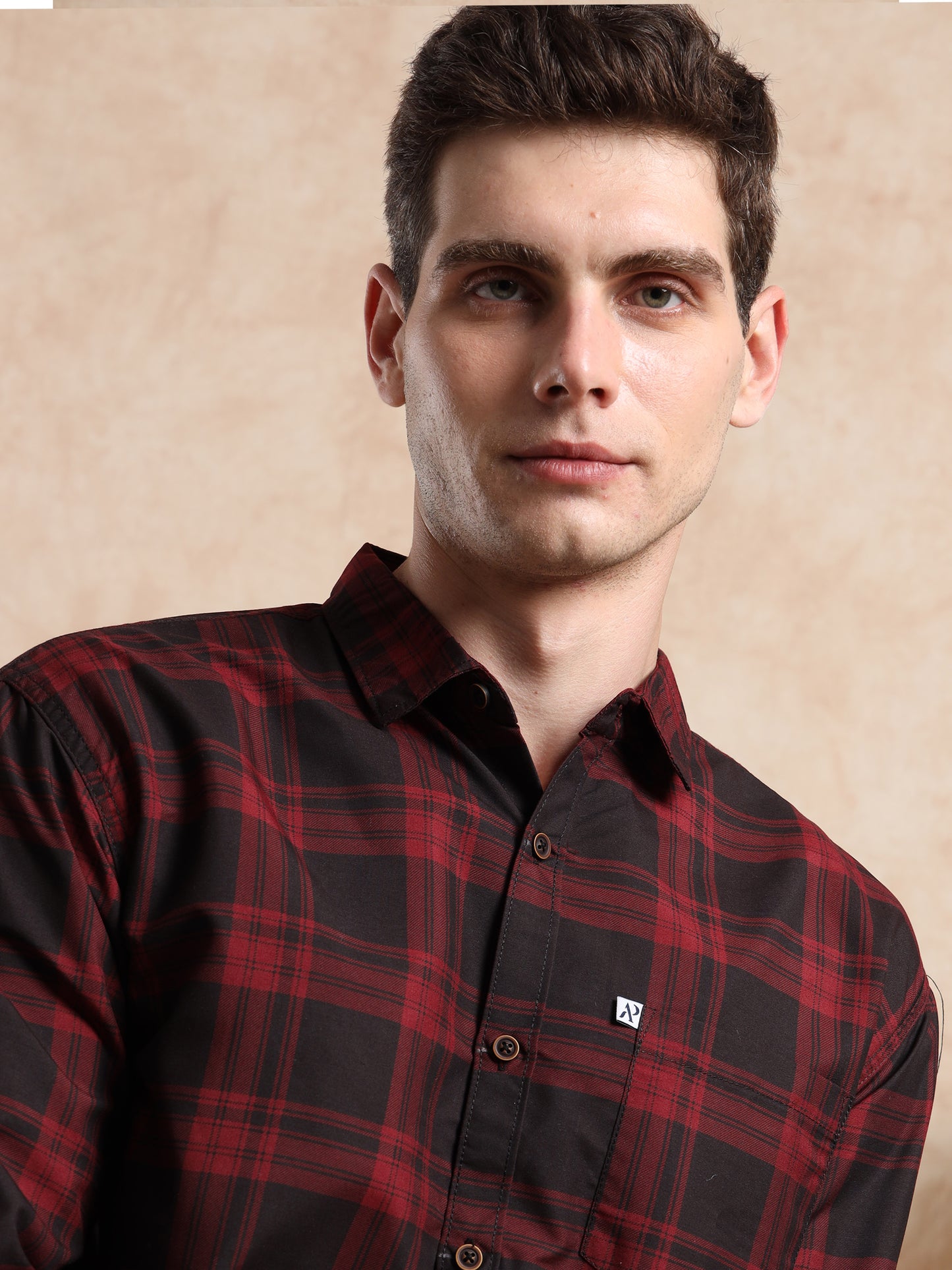 men, red black checks cotton shirt