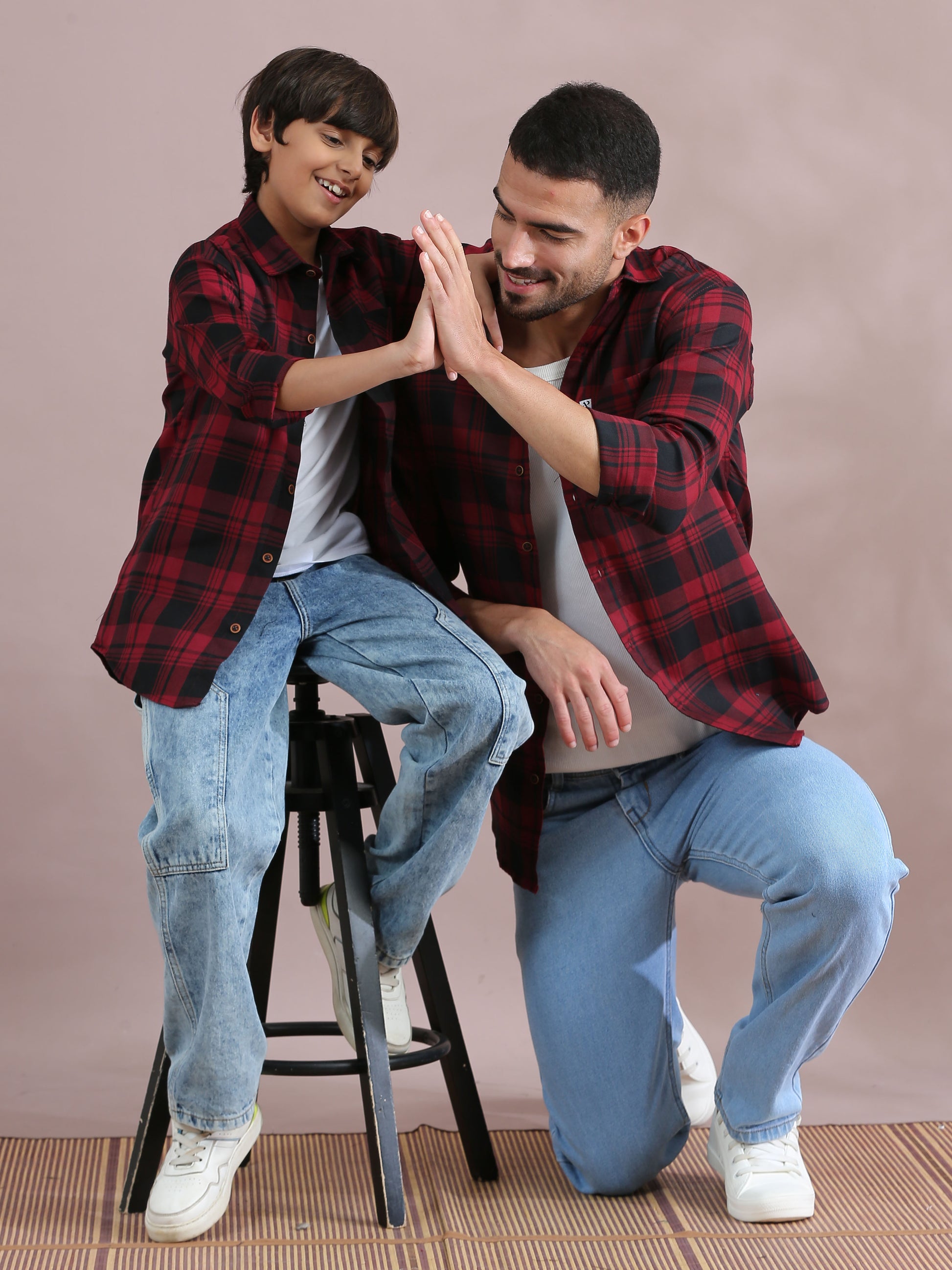 Wanted Red Checked Father Son Matching Dress Shirts Combo