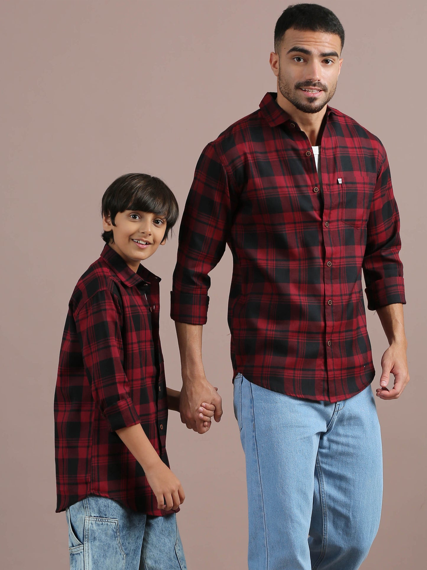 Wanted Red Checked Father Son Matching Dress Shirts Combo