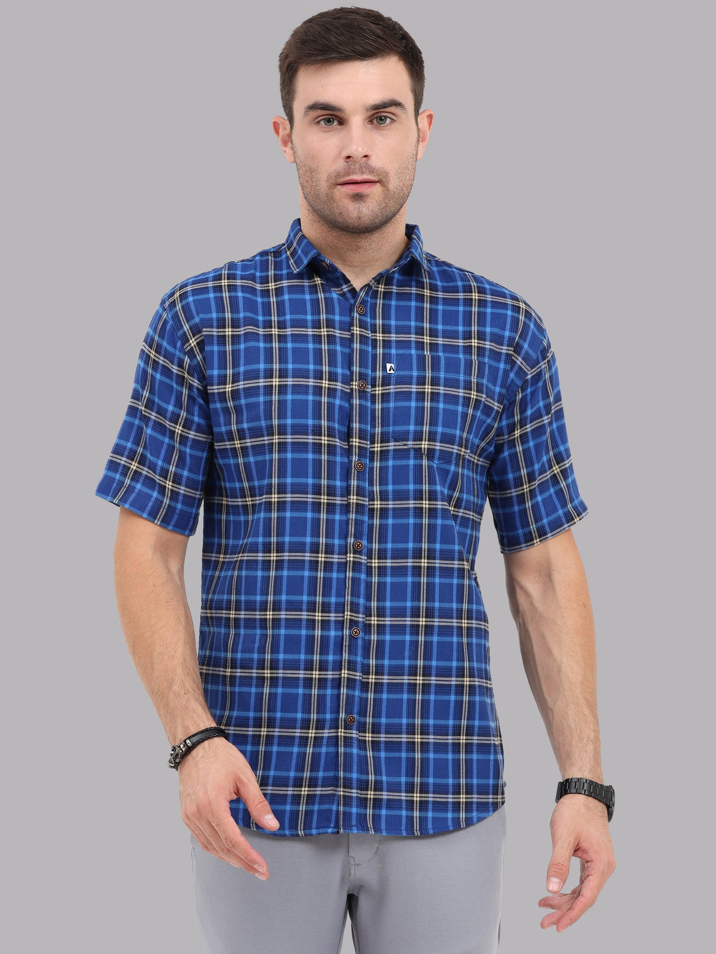 Half Sleeve Buffalo Royal Blue Check Shirt for Men