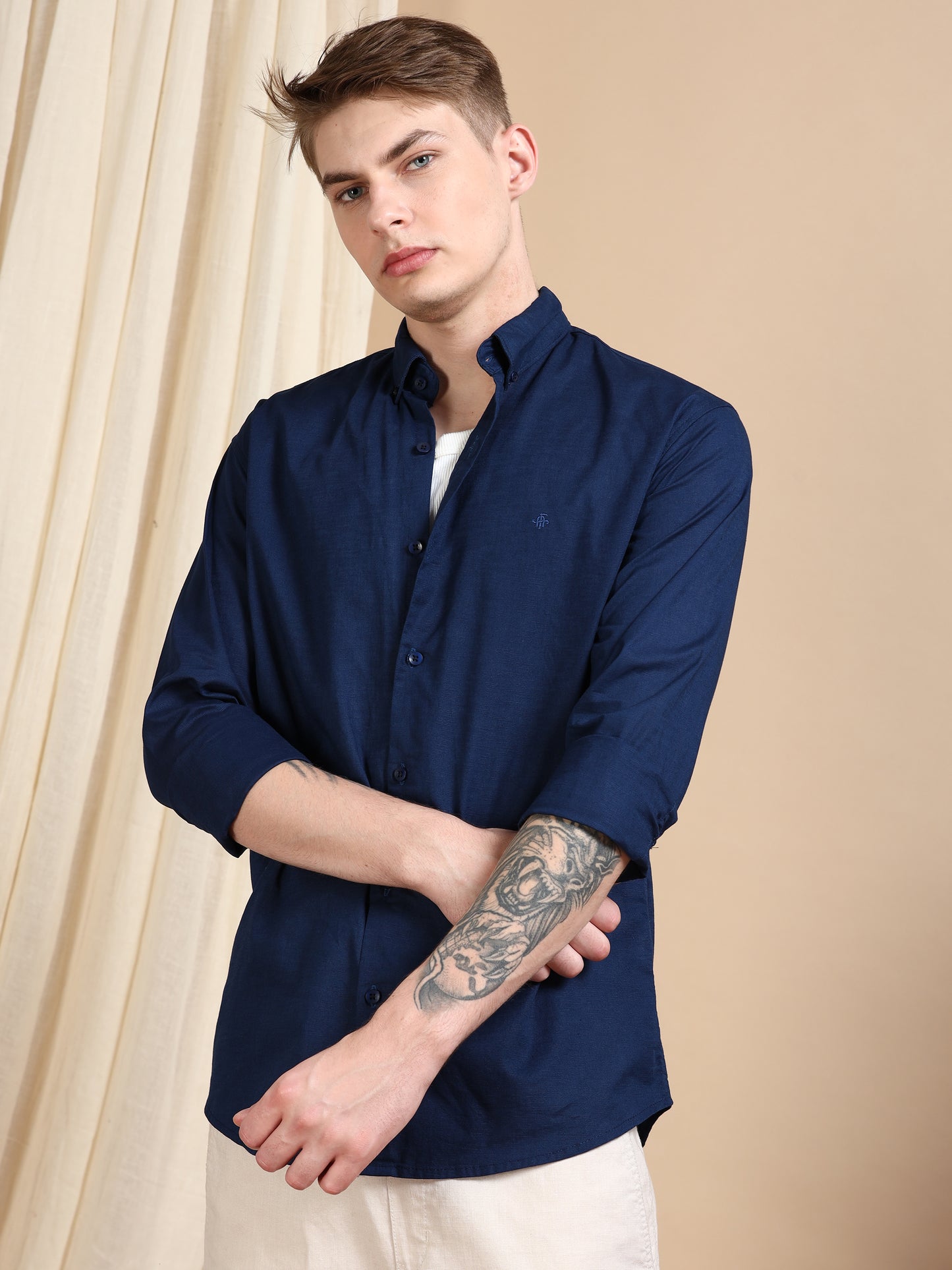 Buy Solid Linen Royal Blue Colour Shirt For Men Online