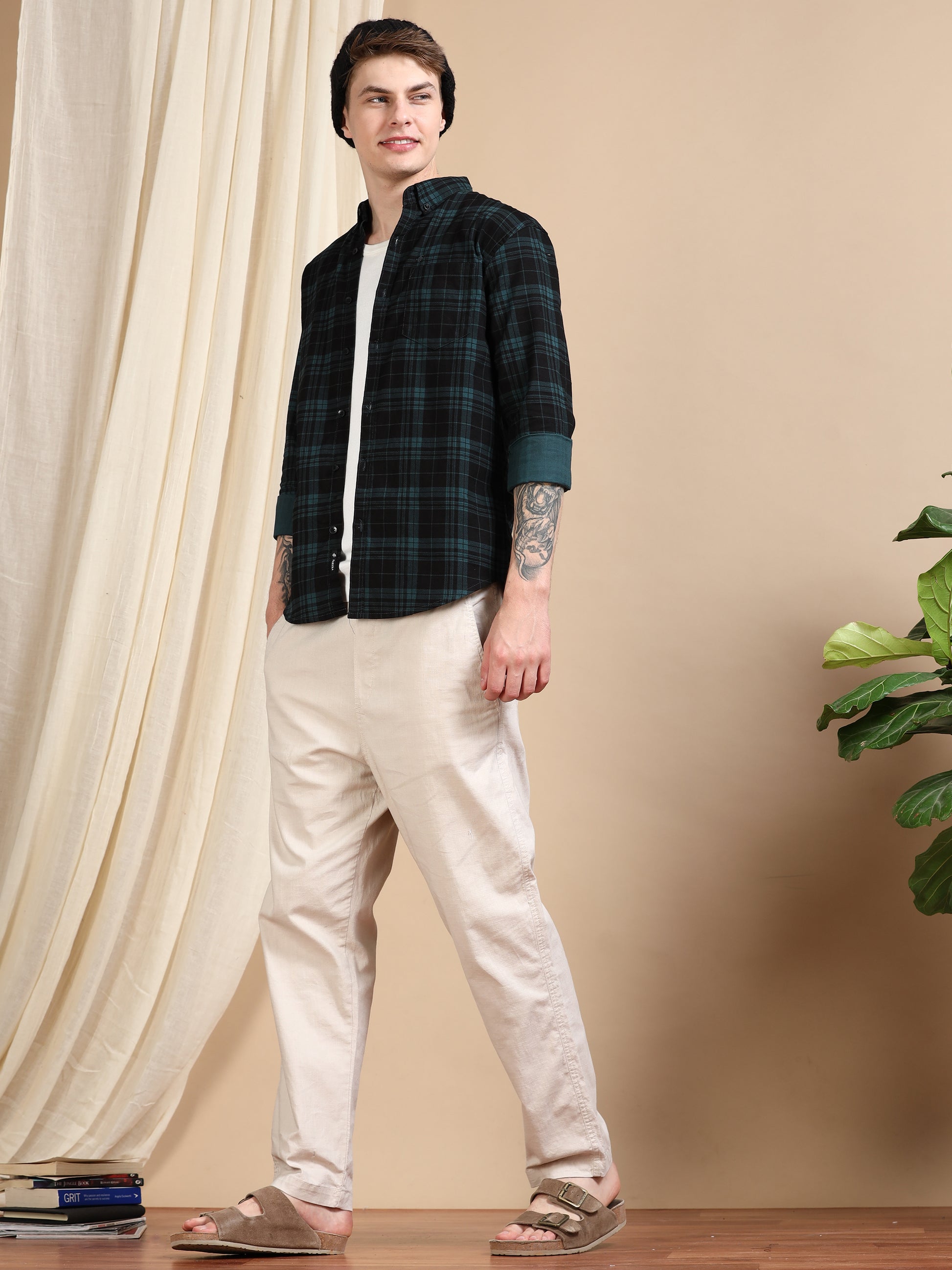 Casual Green Mens Checked Shirts Long Sleeve