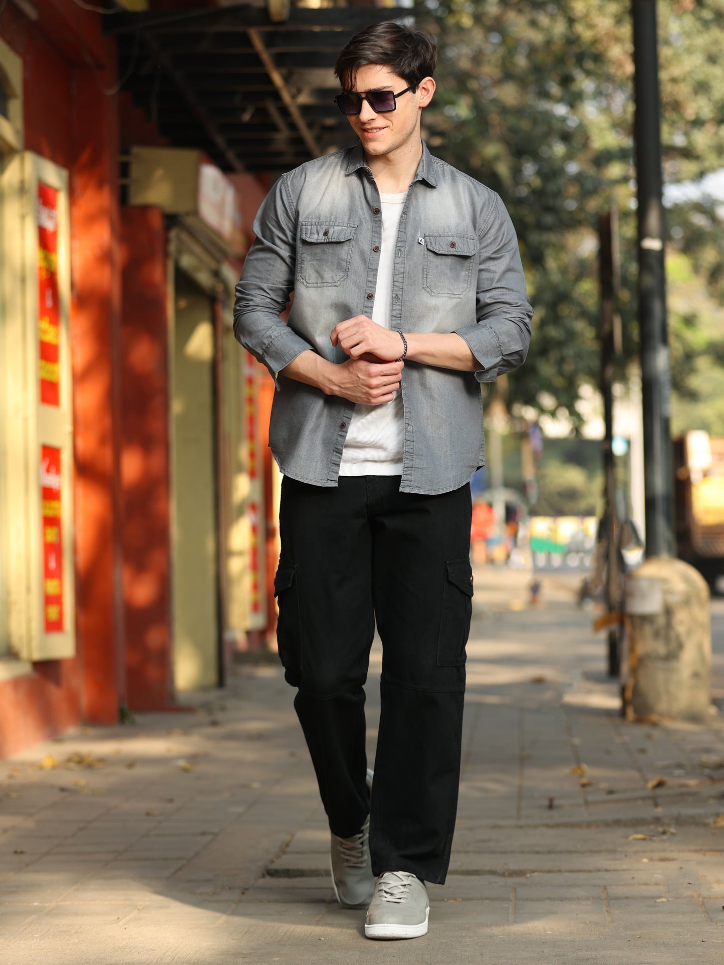 men's grey casual shirt with soft wash finish and front pockets