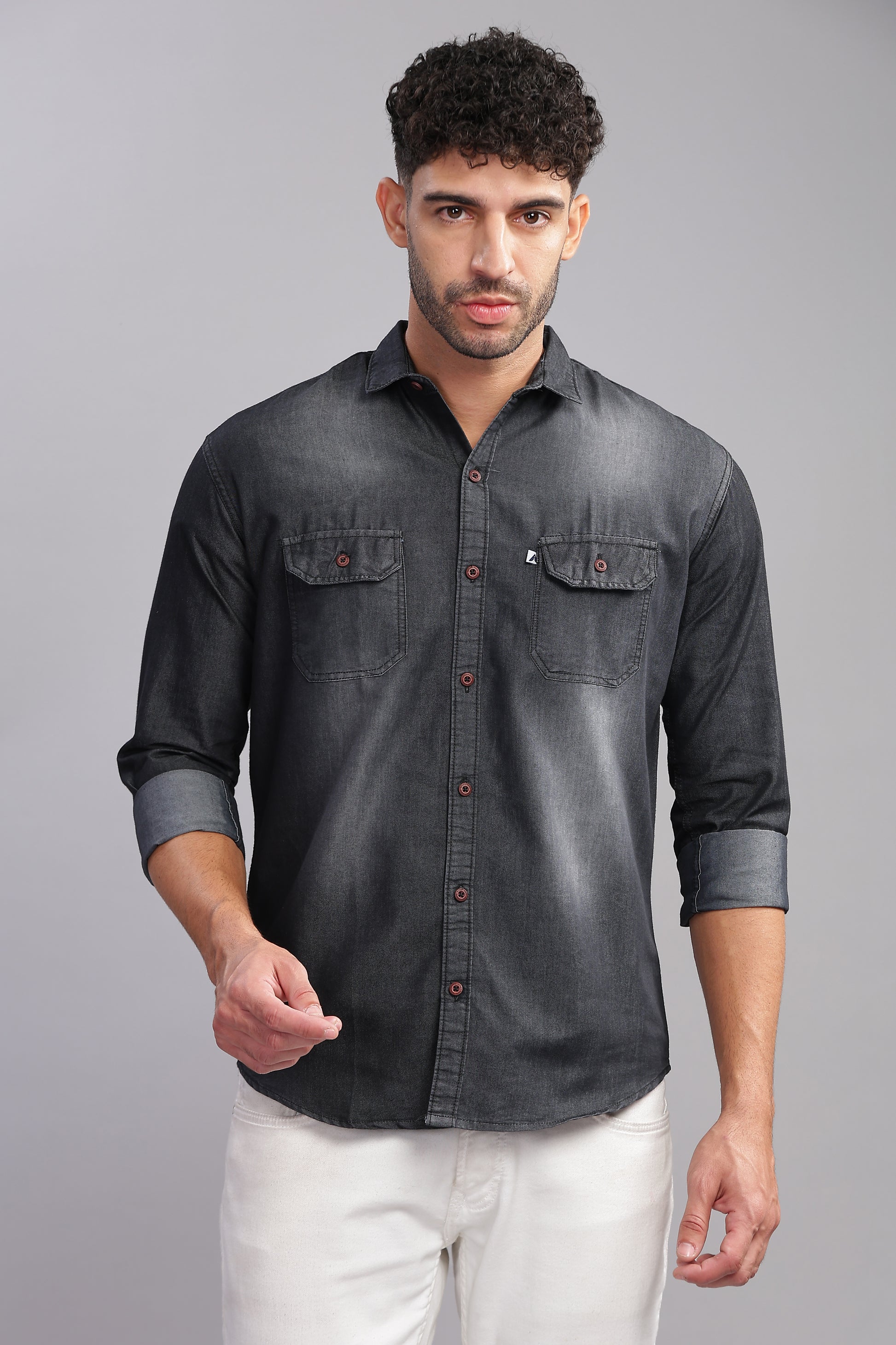 Premium men's washed black denim shirt with flap pockets and modern styling