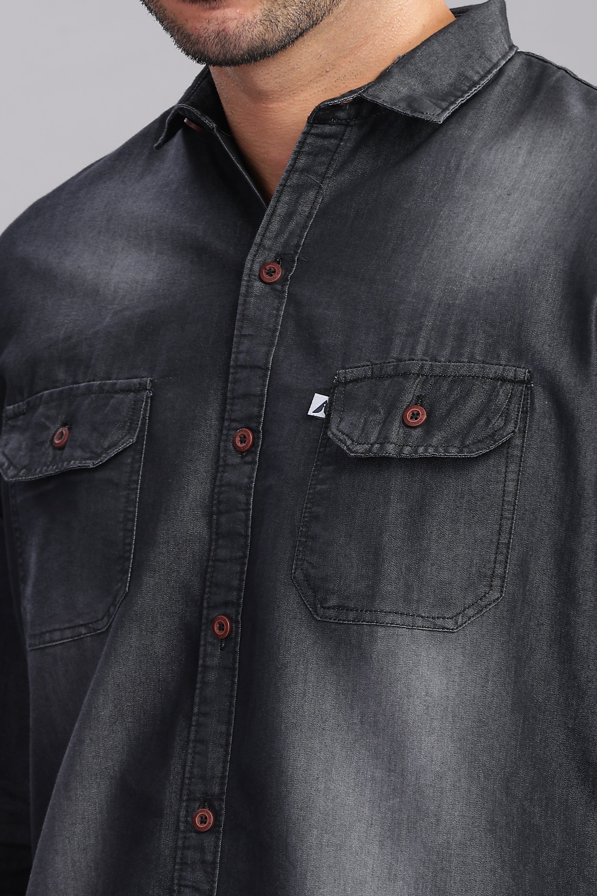 Trendy men's full sleeve black denim shirt with faded wash and front pockets