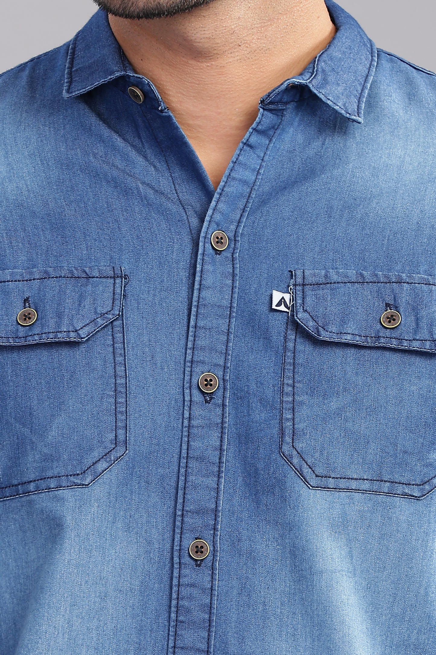 Solid Plain Double Pocket Cut Away Collor Blue Denim Shirt For Men