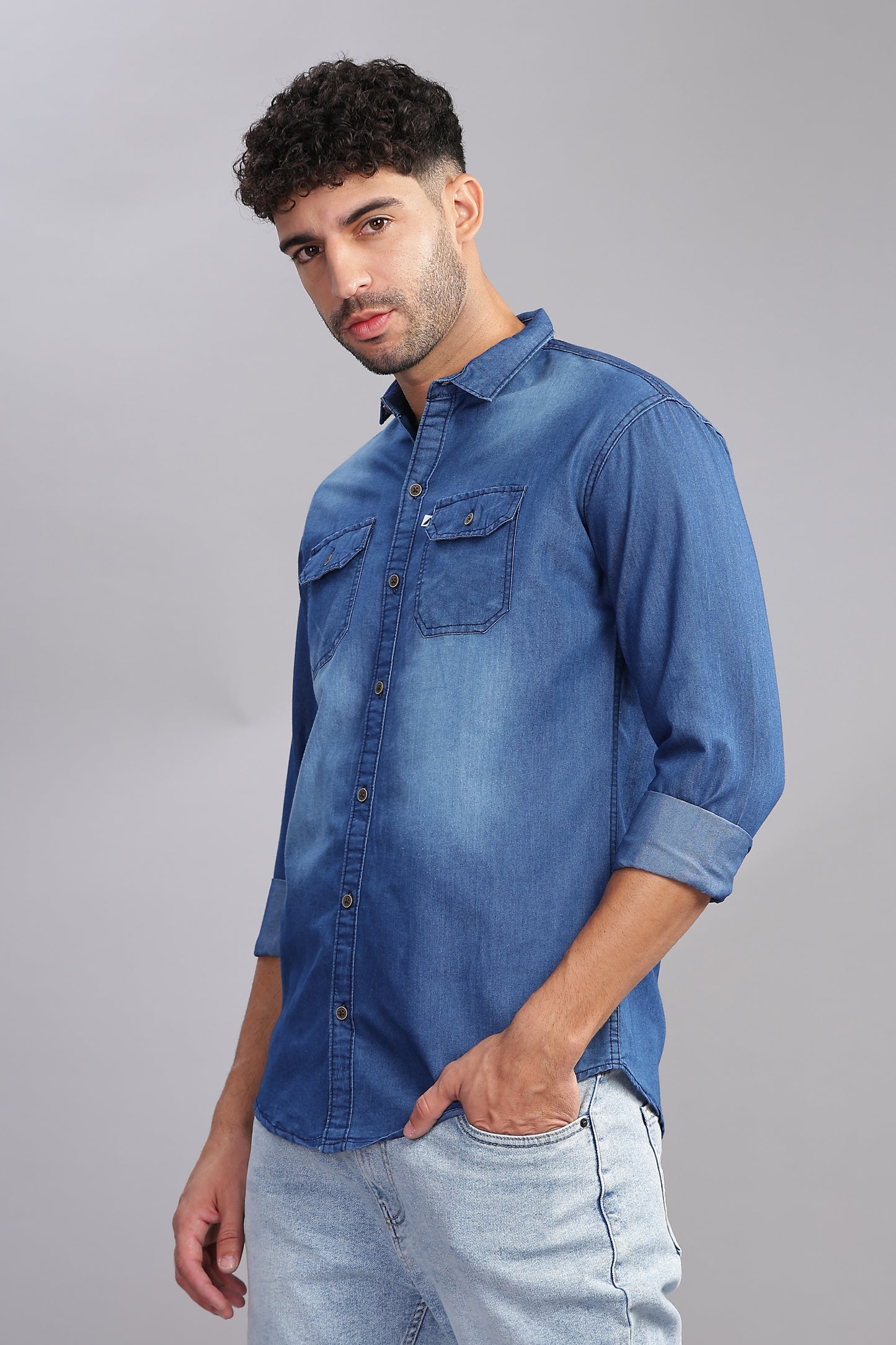 Solid Plain Double Pocket Cut Away Collor Blue Denim Shirt For Men