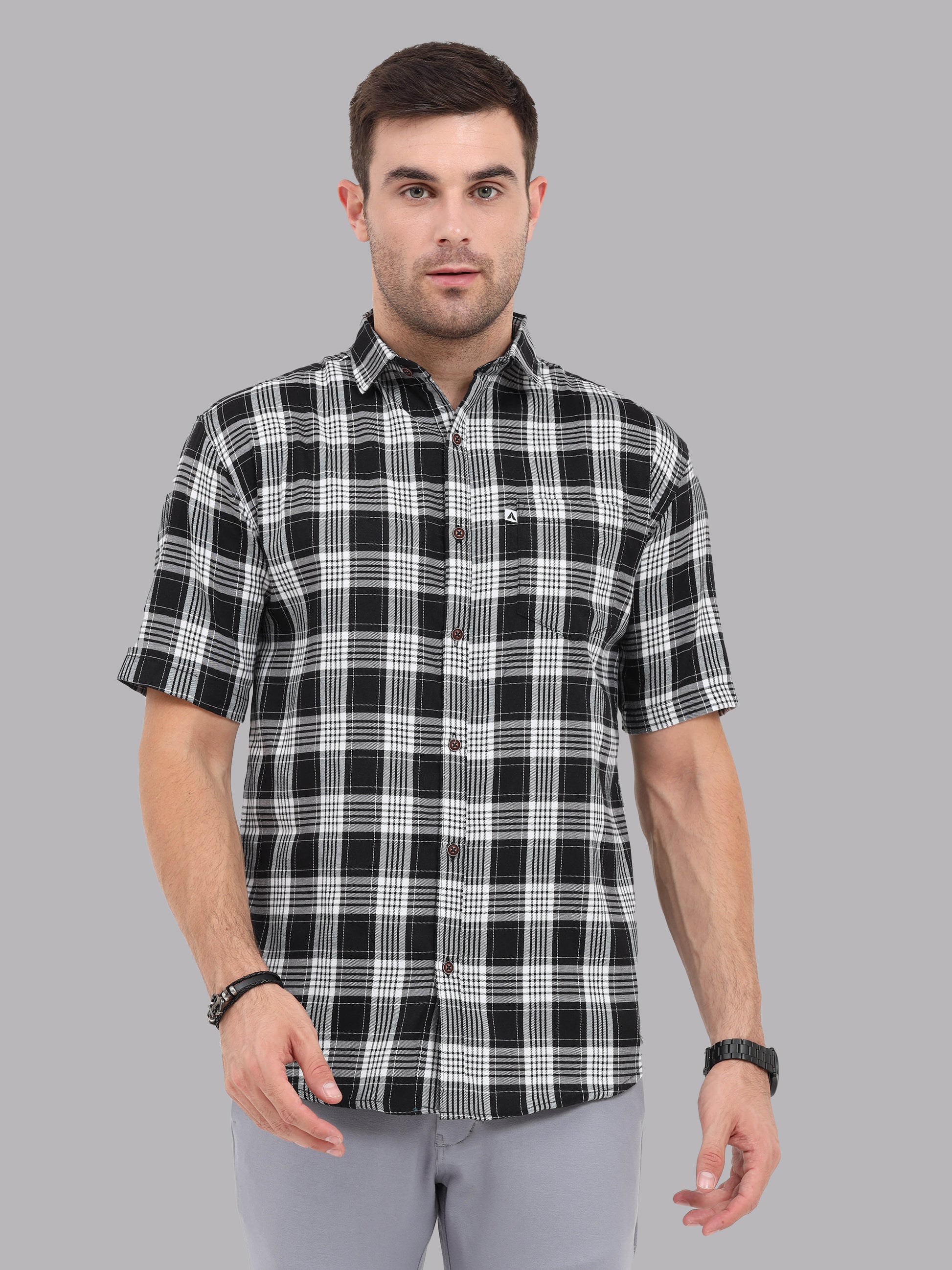 Shop Half Sleeve Buffalo Black White Check Shirt for Men Shop Half Sleeve Buffalo Black White Check Shirt for Men