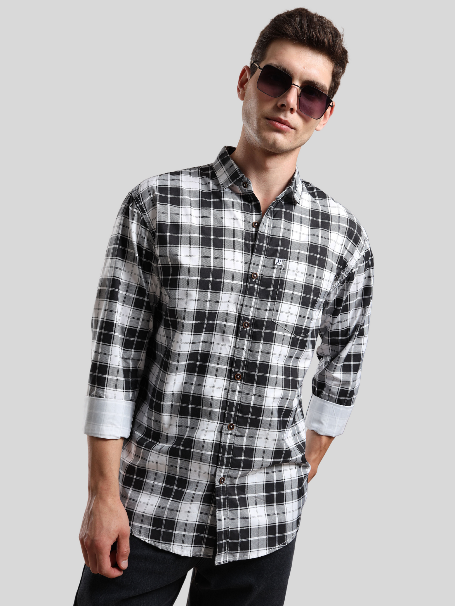Classic black and white plaid shirt for men with front pocket and button closure