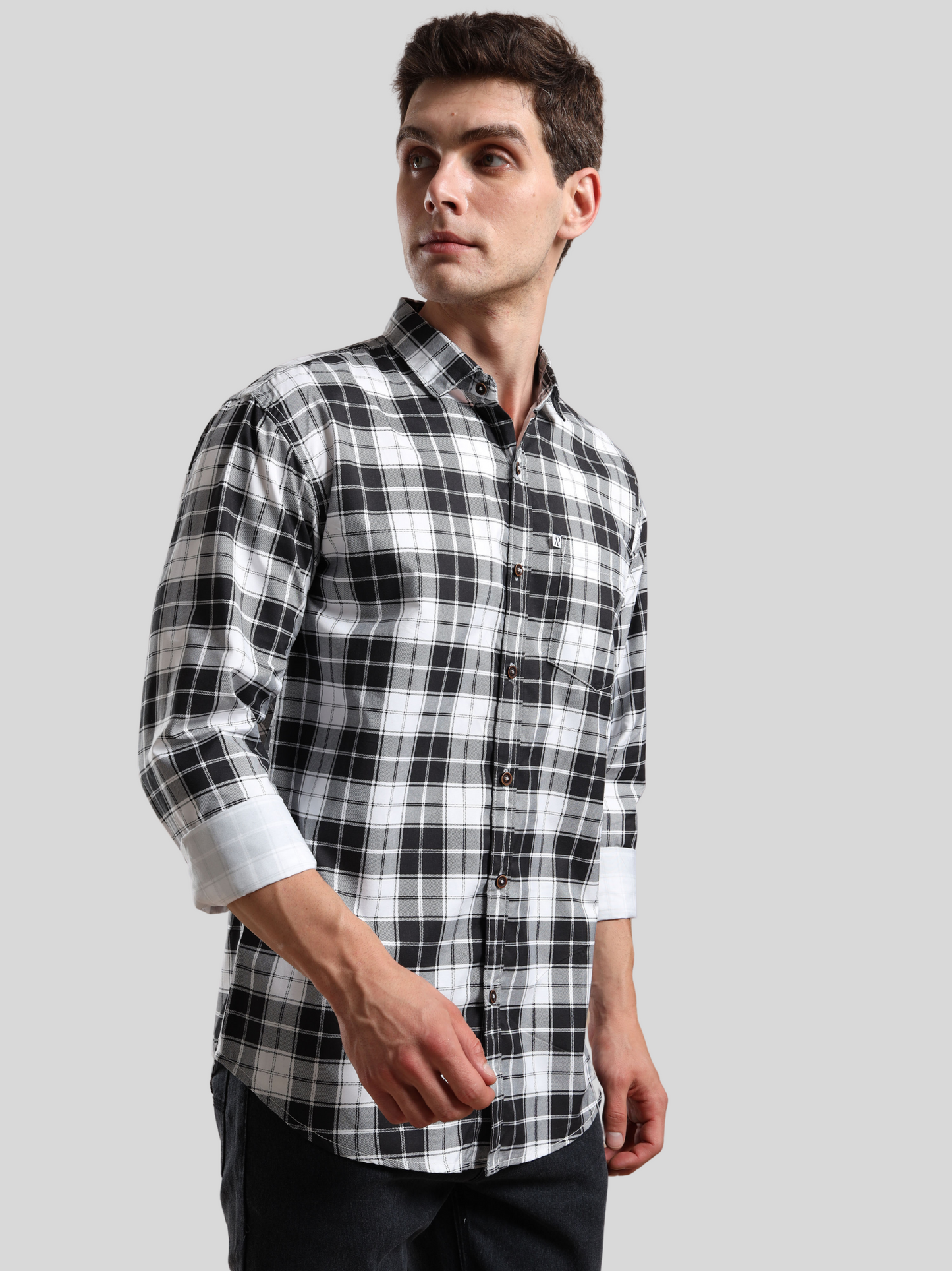 men, slim fit black and white checked shirt with rolled sleeves