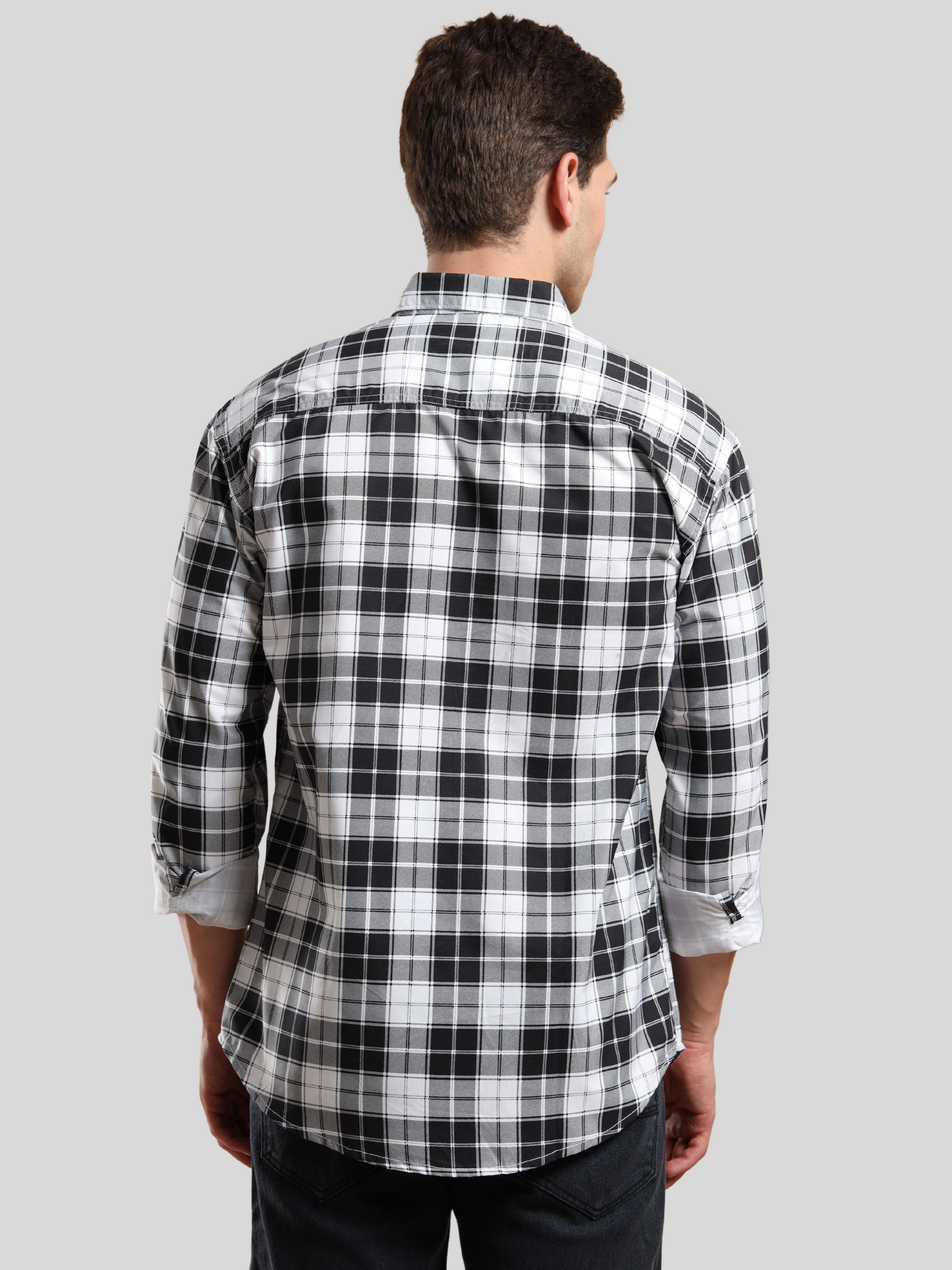 men, cotton checked shirt in black and white pattern