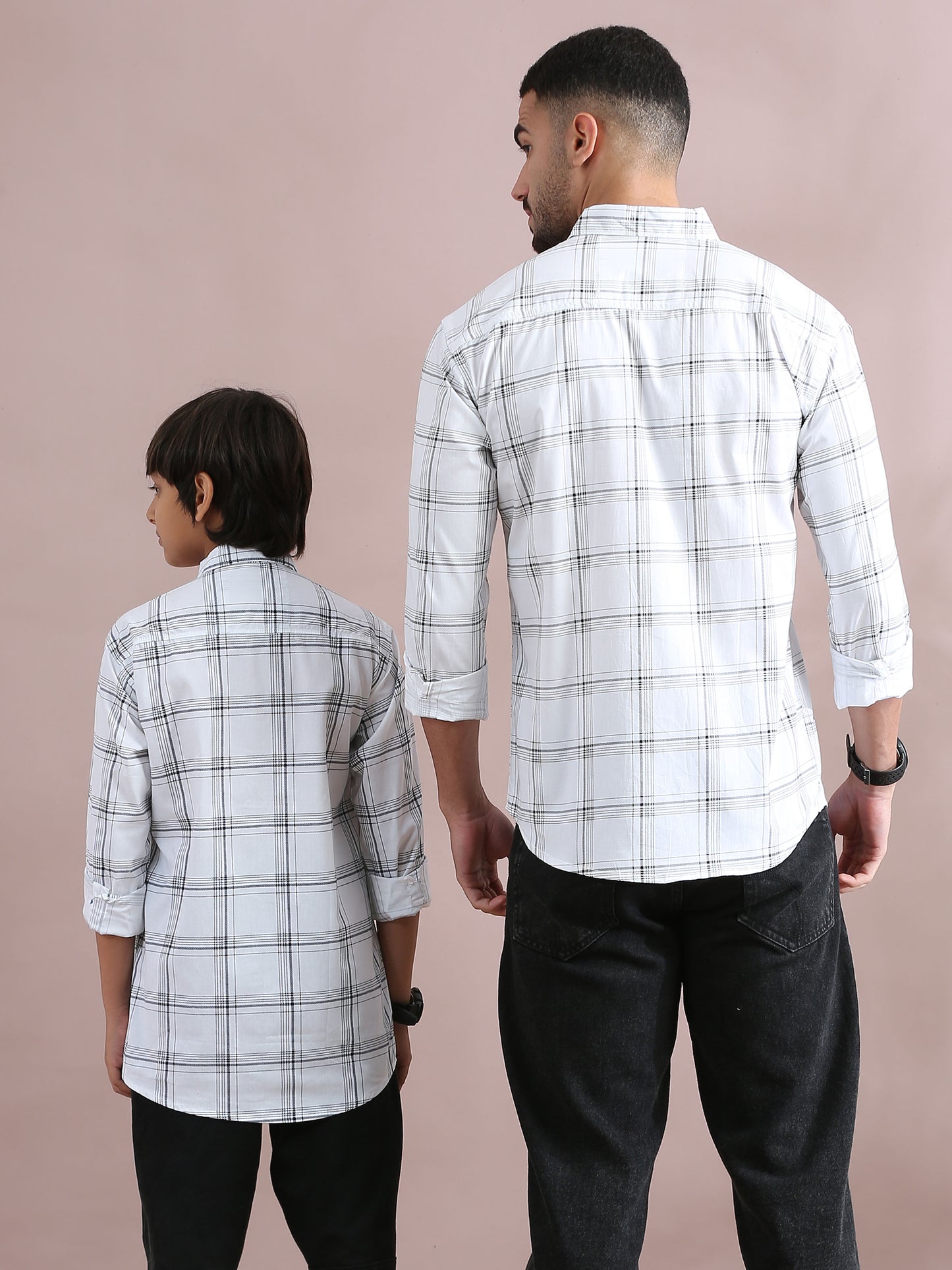 6line White Checked Father Son Dress Shirts Combo