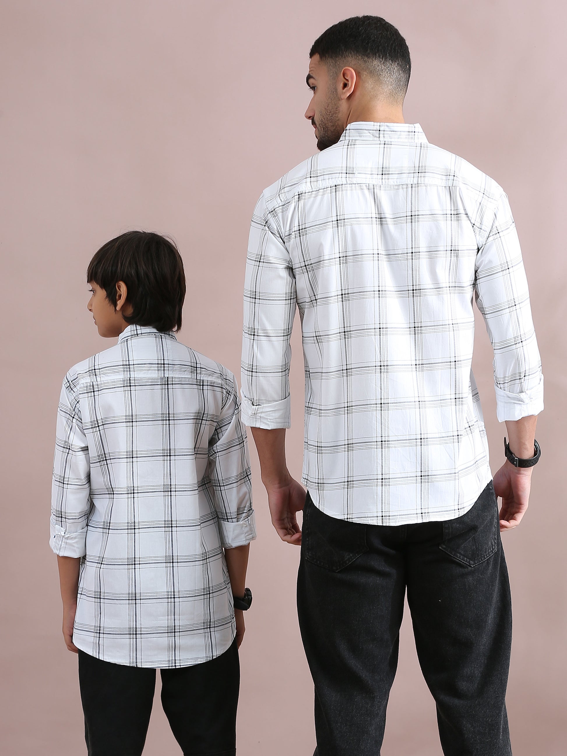 6line White Checked Father Son Dress Shirts Combo
