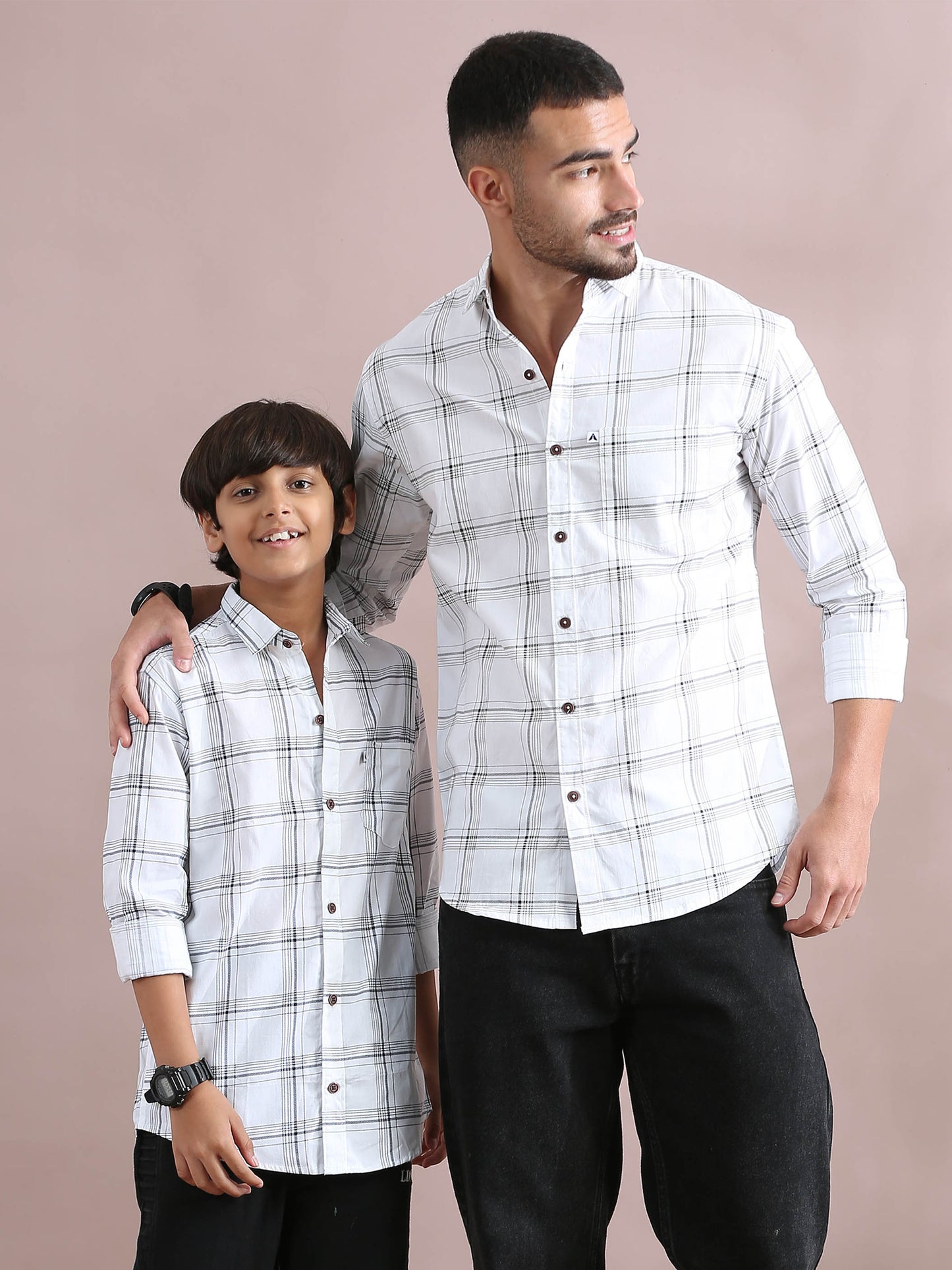 6line White Checked Father Son Dress Shirts Combo