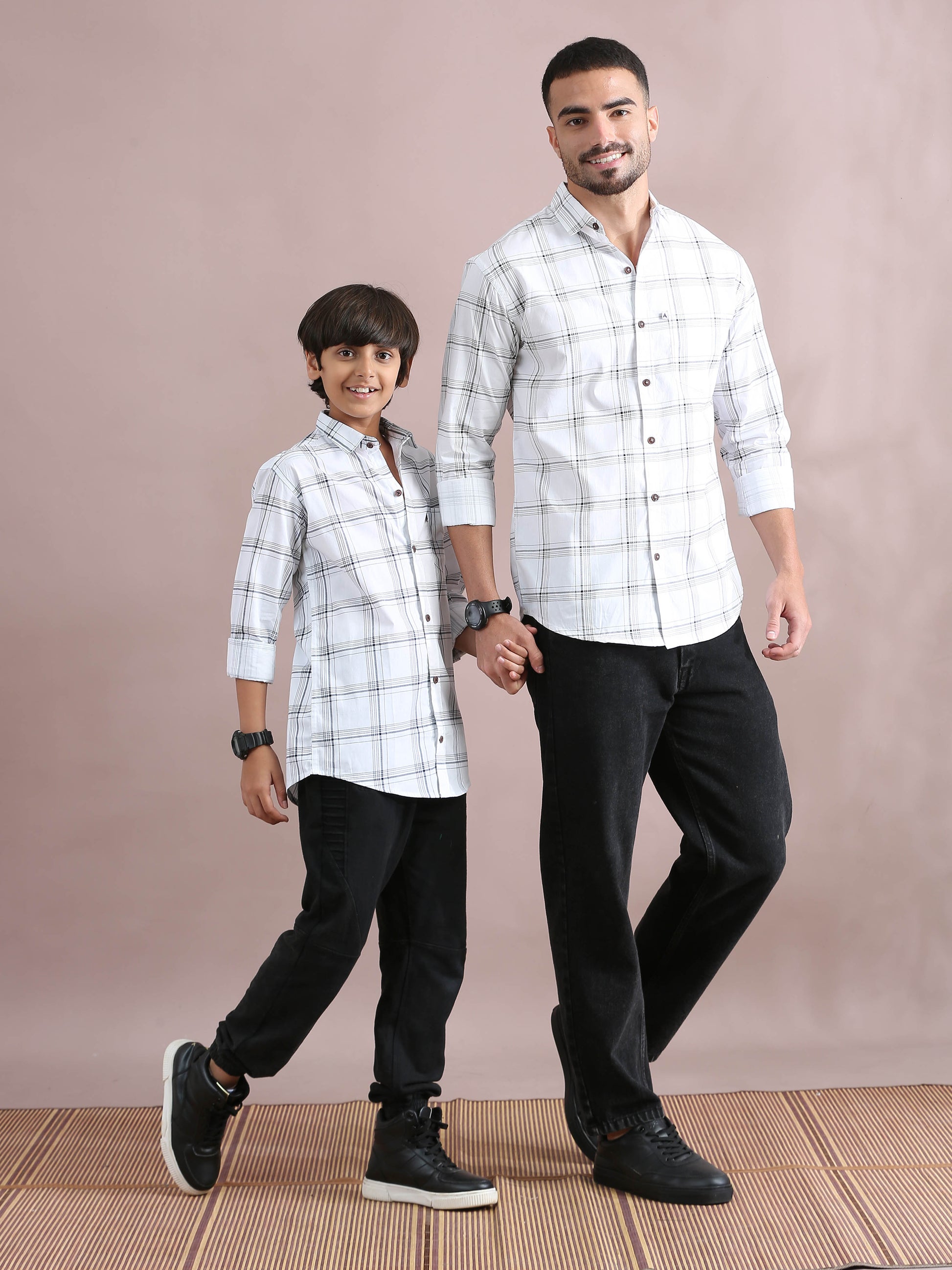 6line White Checked Father Son Dress Shirts Combo