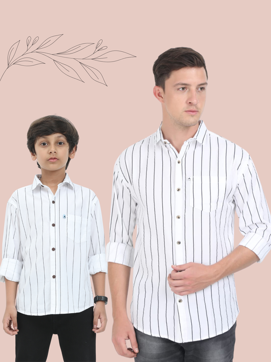 Two men wearing white shirts with black vertical stripes on a beige background