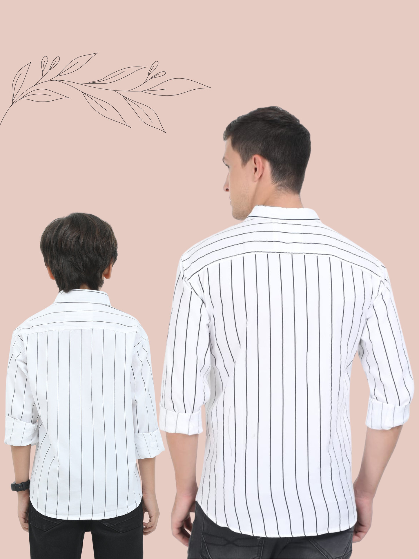Two people wearing white striped shirts against a beige background