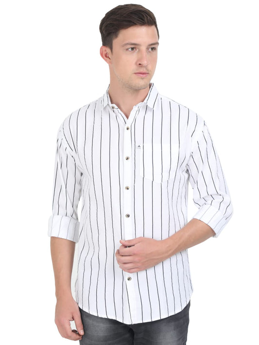 Man wearing a white shirt with black vertical stripes on a white background