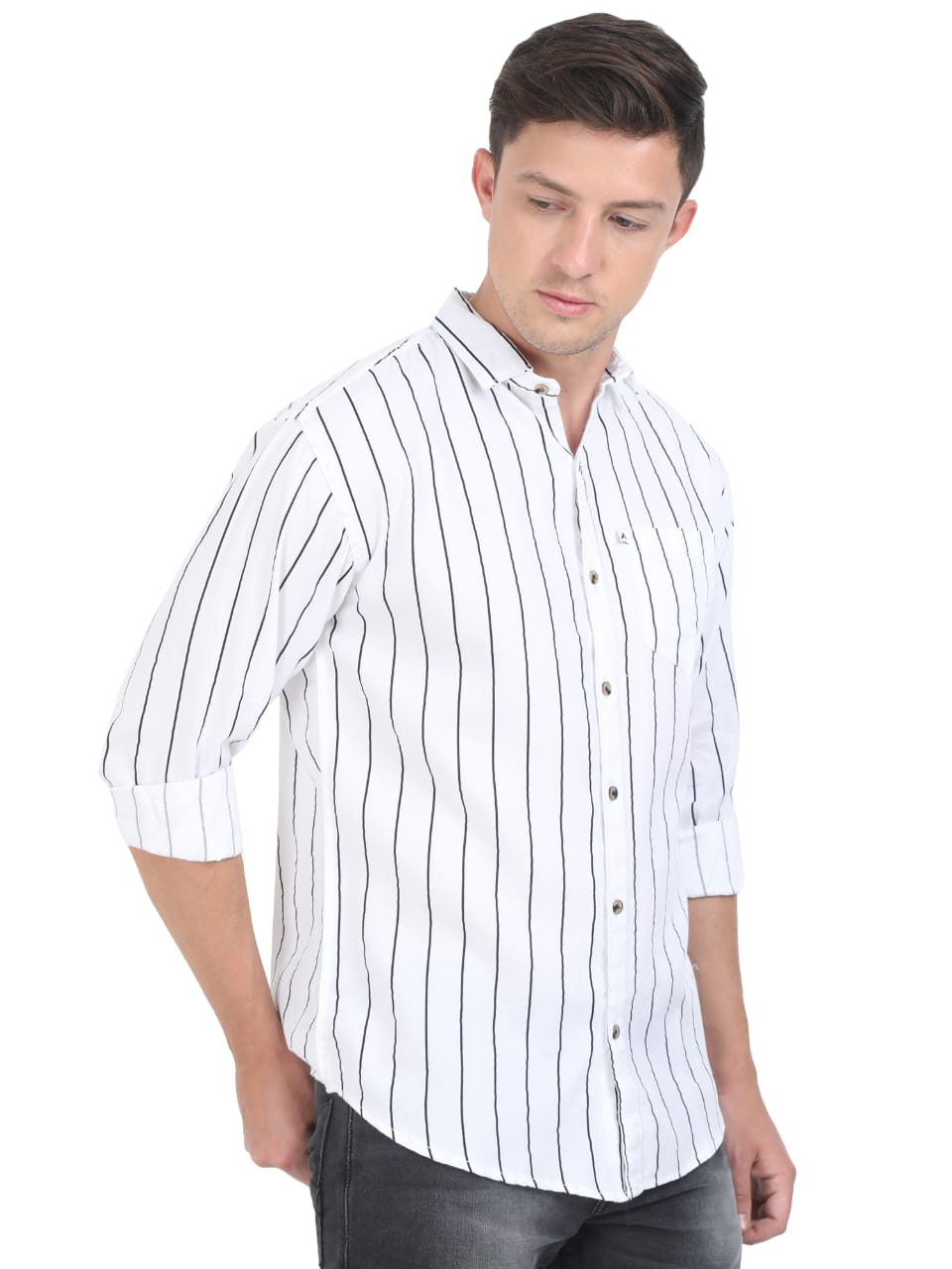 Man wearing a white shirt with black vertical stripes on a white background