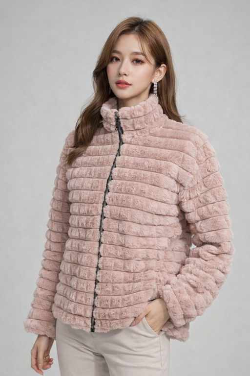 plush faux fur winter jacket with front zip closure and high neck, stylish warm winter wear for women